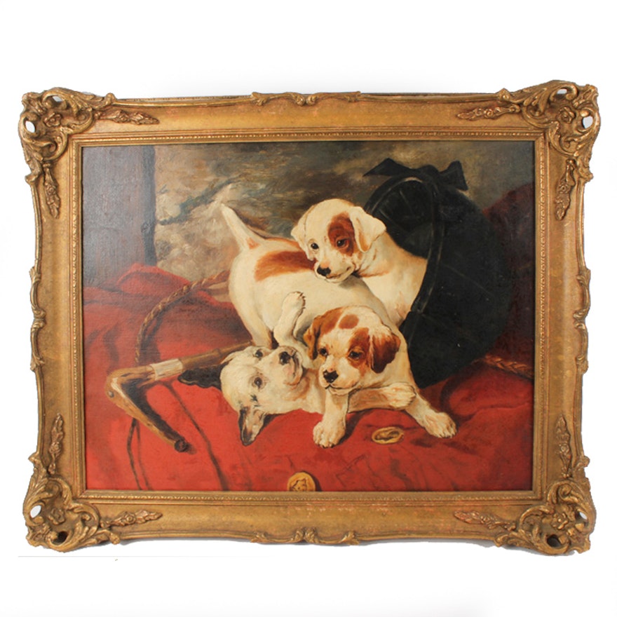 Vintage Oil Painting of Puppies