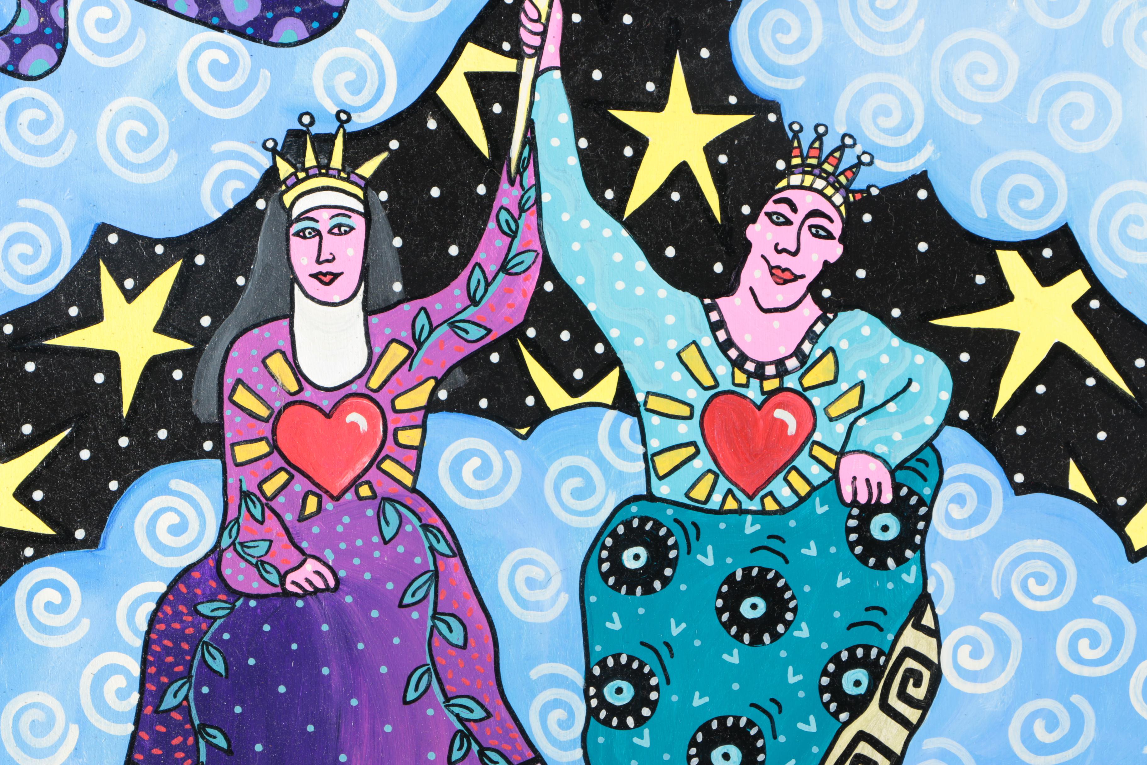 Theresa Disney Acrylic On Wood Panel Figures in Clouds