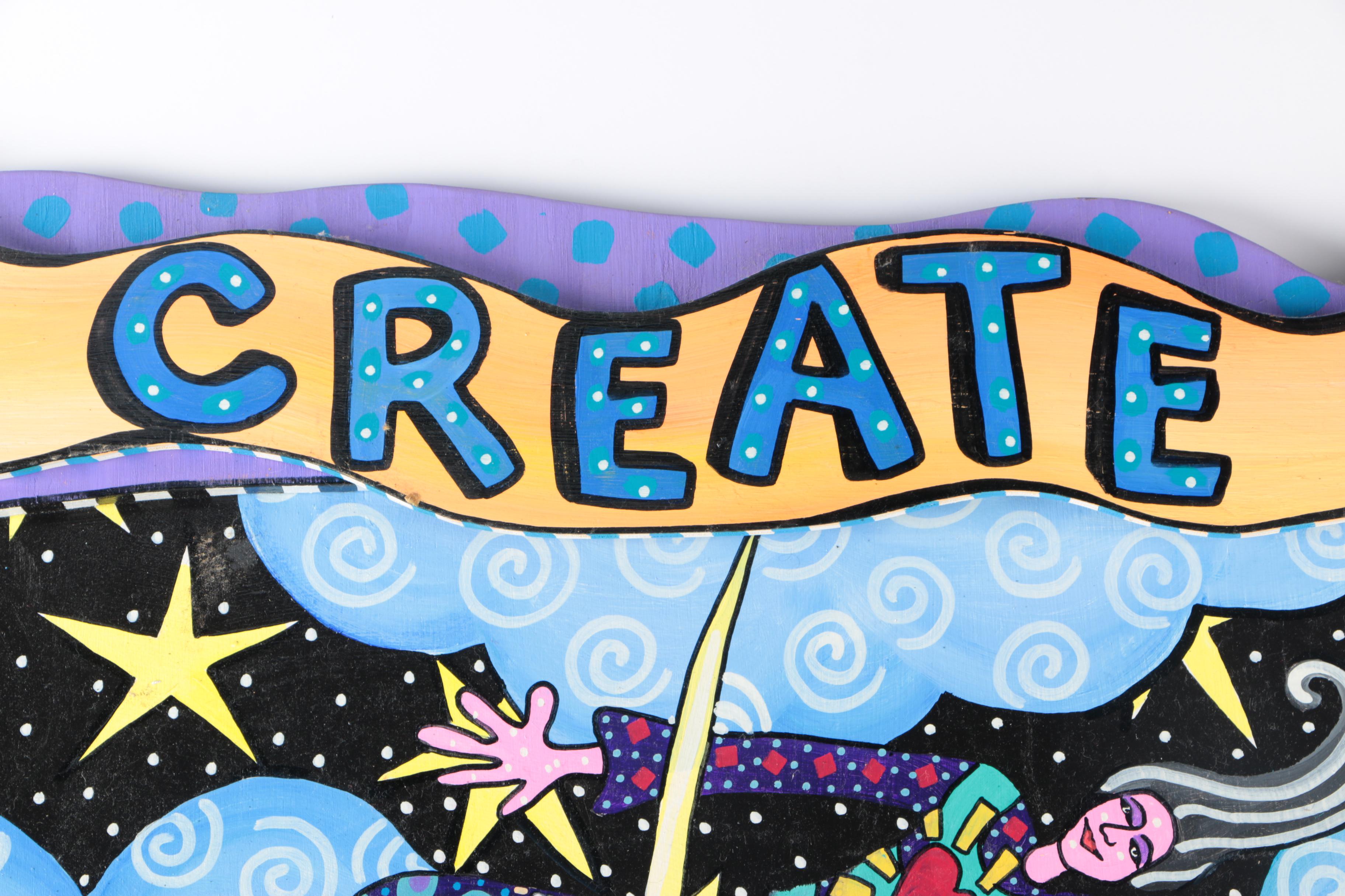 Theresa Disney Acrylic On Wood Panel Figures in Clouds