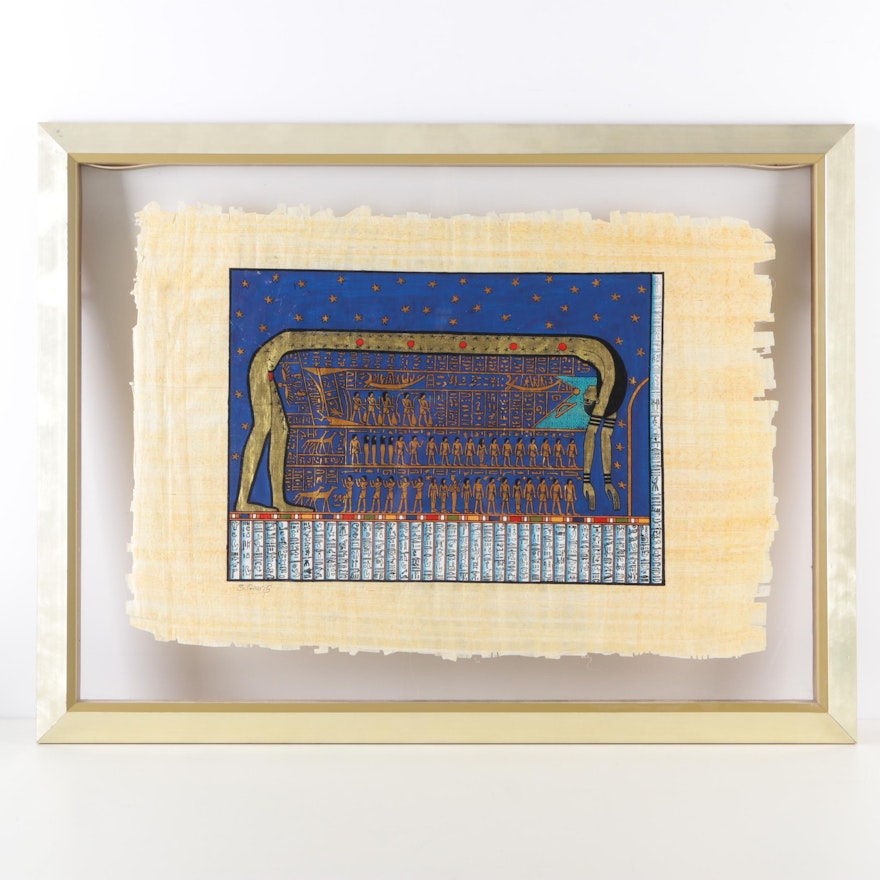 S. Gharib Acrylic On Papyrus Egyptian Style Painting