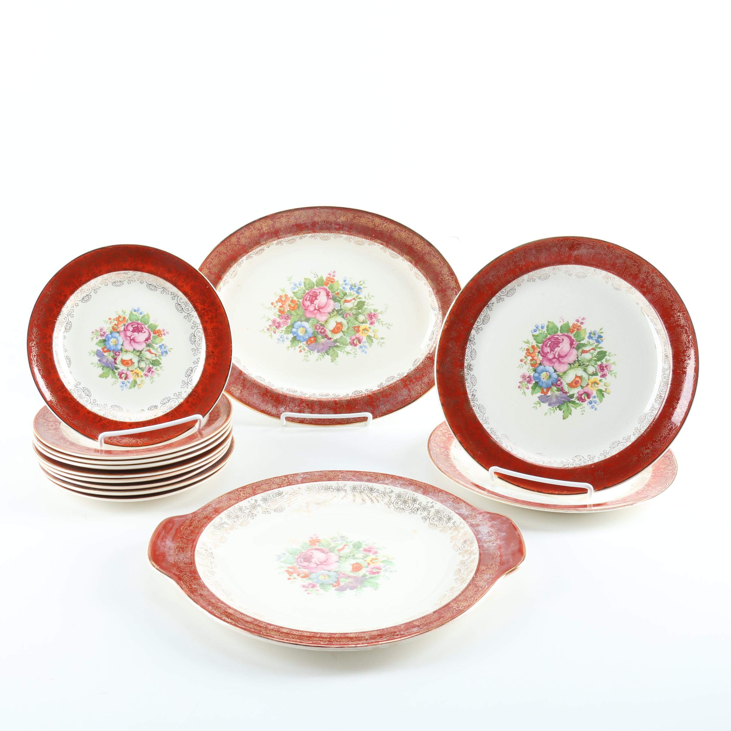 Mid Century Salem "Aristocrat Maroon" 23k Gold Trimmed China