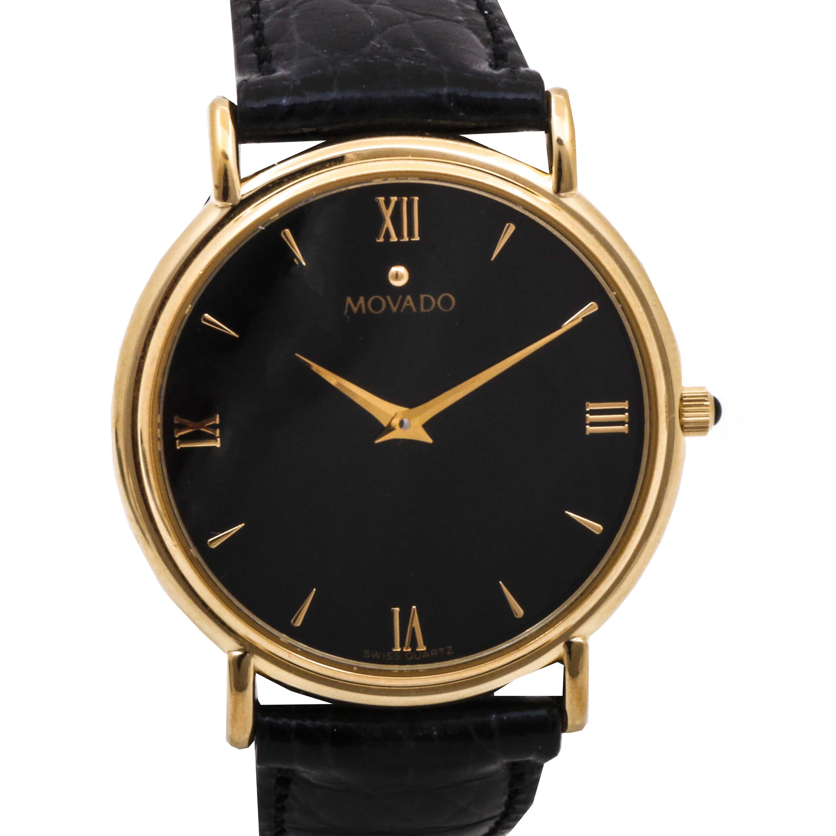 Movado Stainless Steel Black Leather Watch