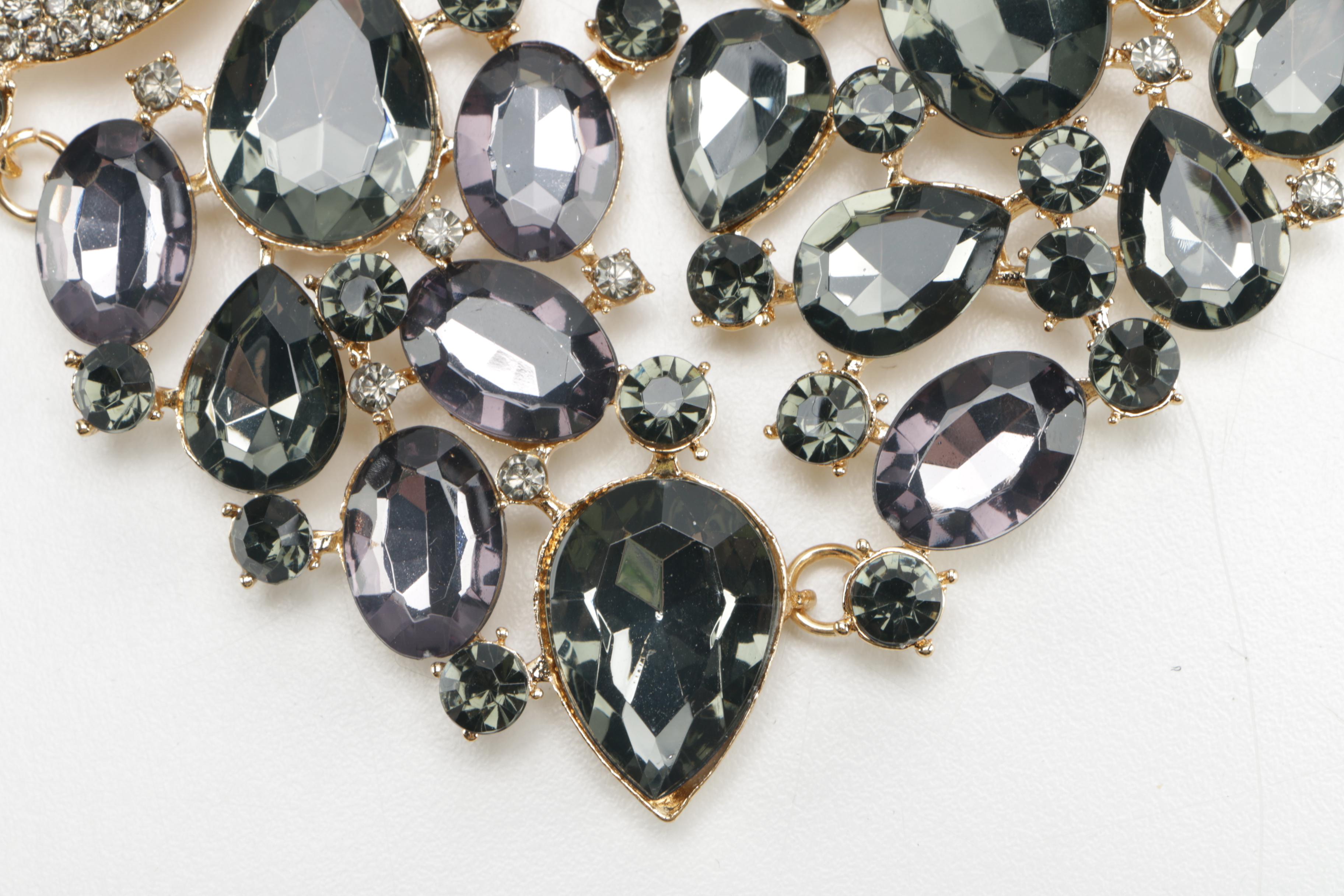 Gold Tone Statement Necklace With Rhinestones