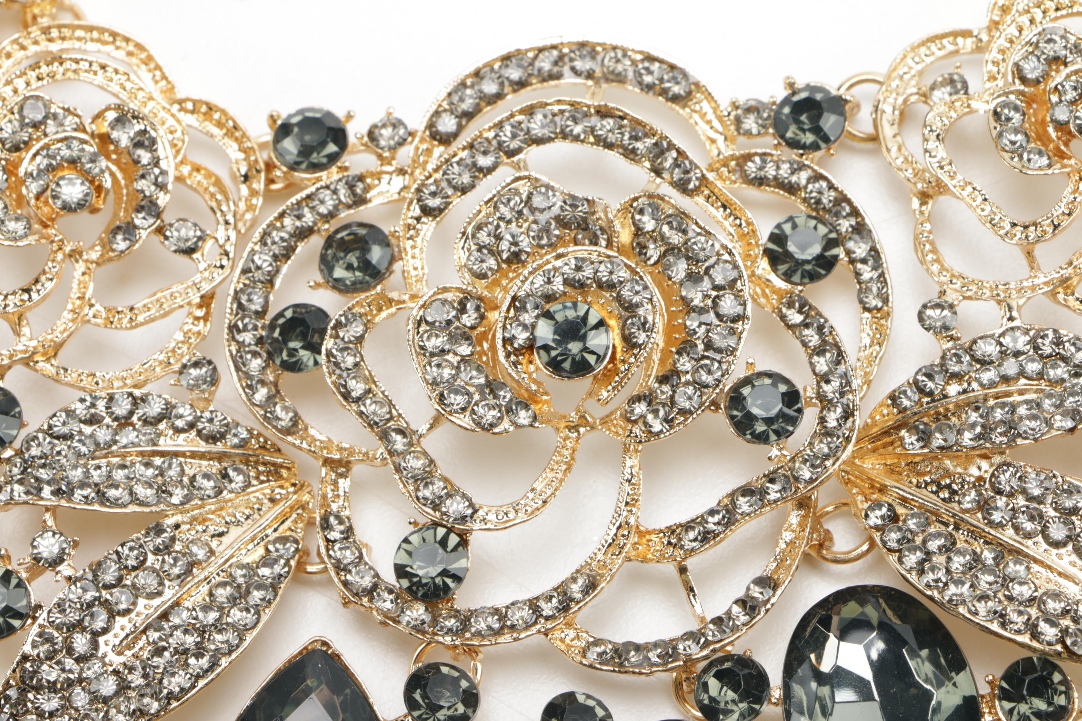 Gold Tone Statement Necklace With Rhinestones