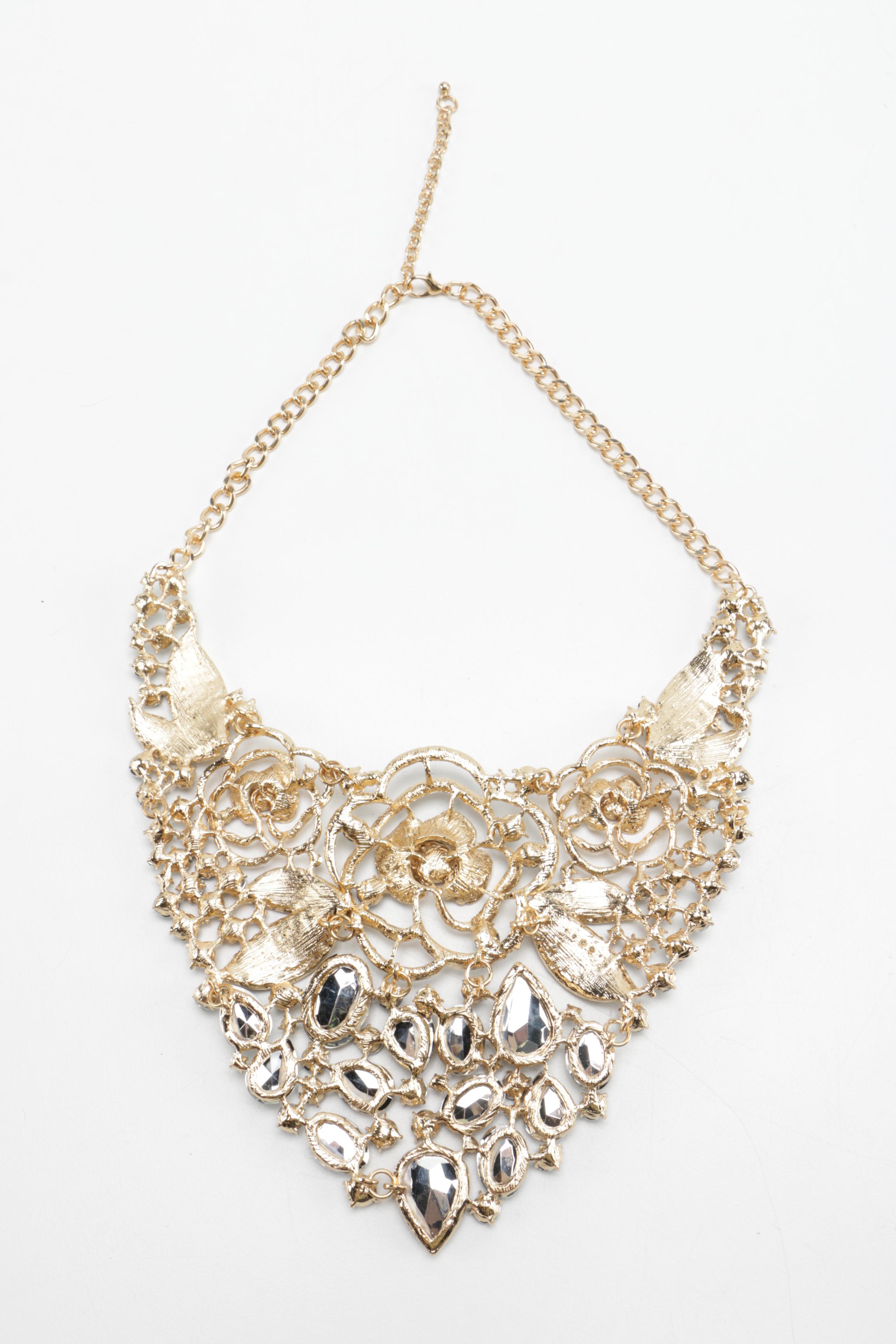 Gold Tone Statement Necklace With Rhinestones