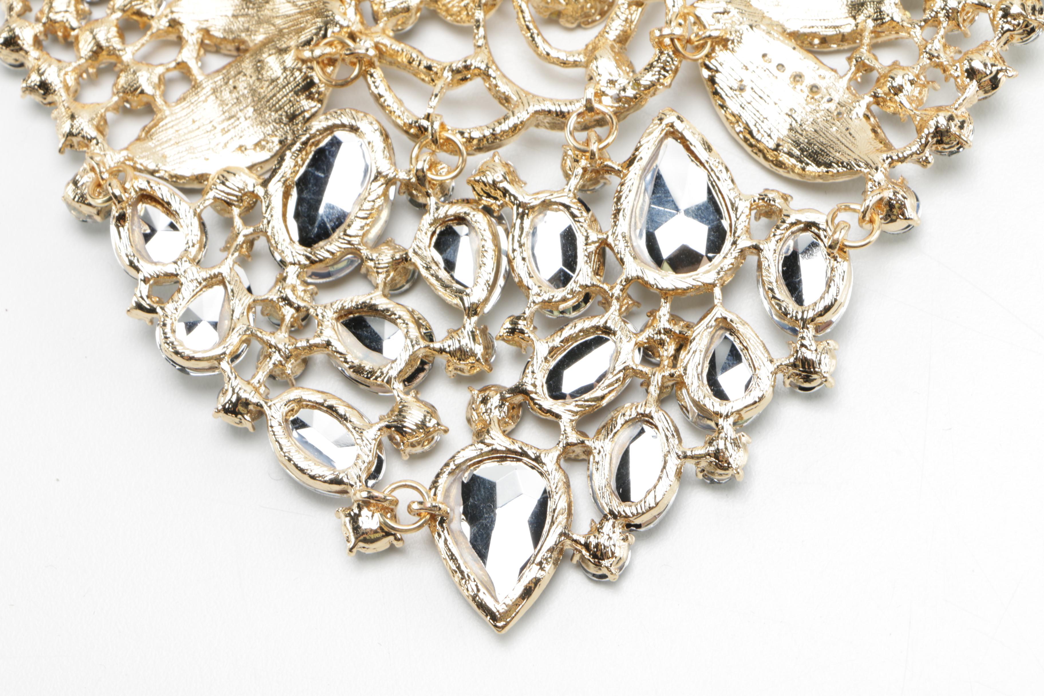 Gold Tone Statement Necklace With Rhinestones