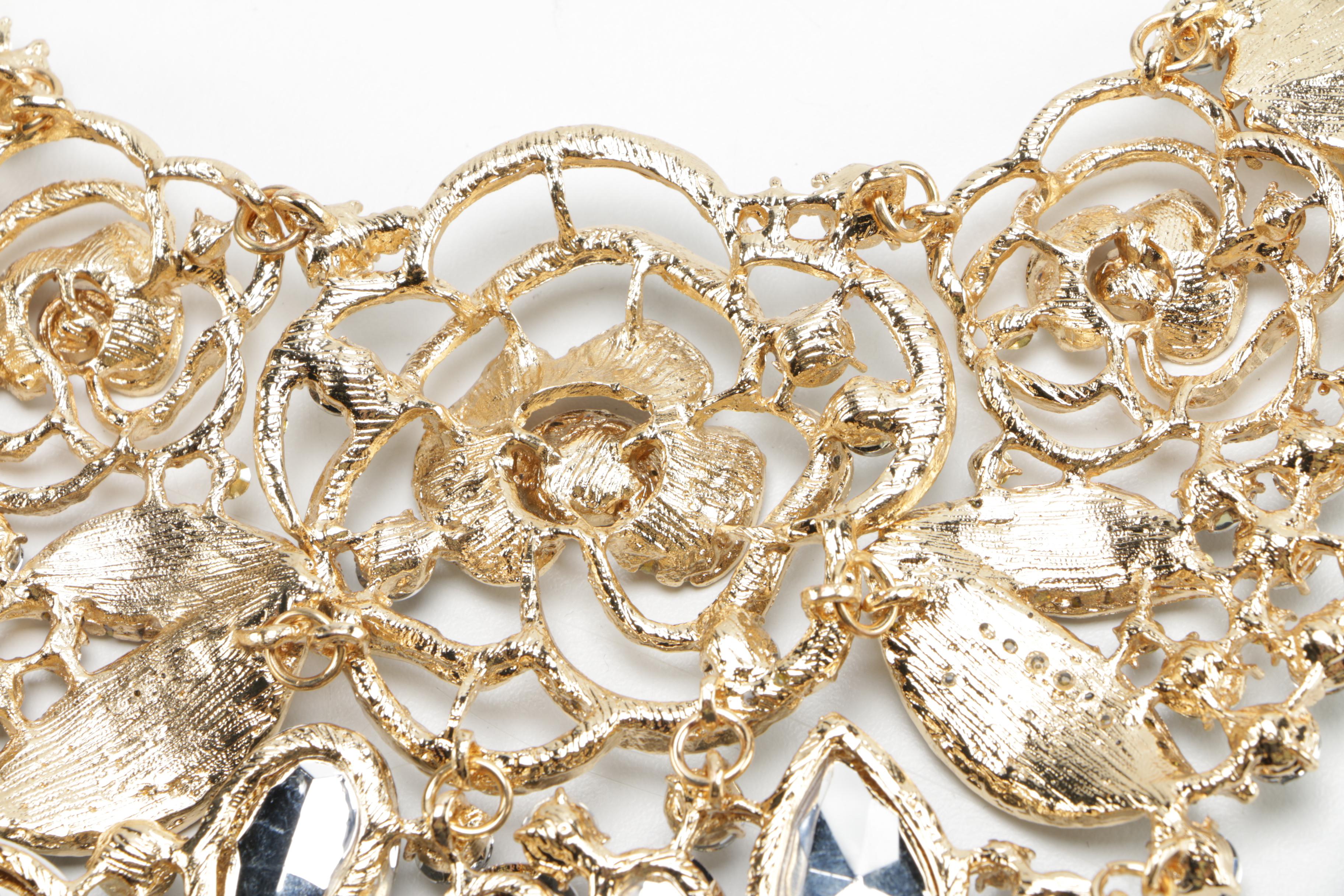 Gold Tone Statement Necklace With Rhinestones