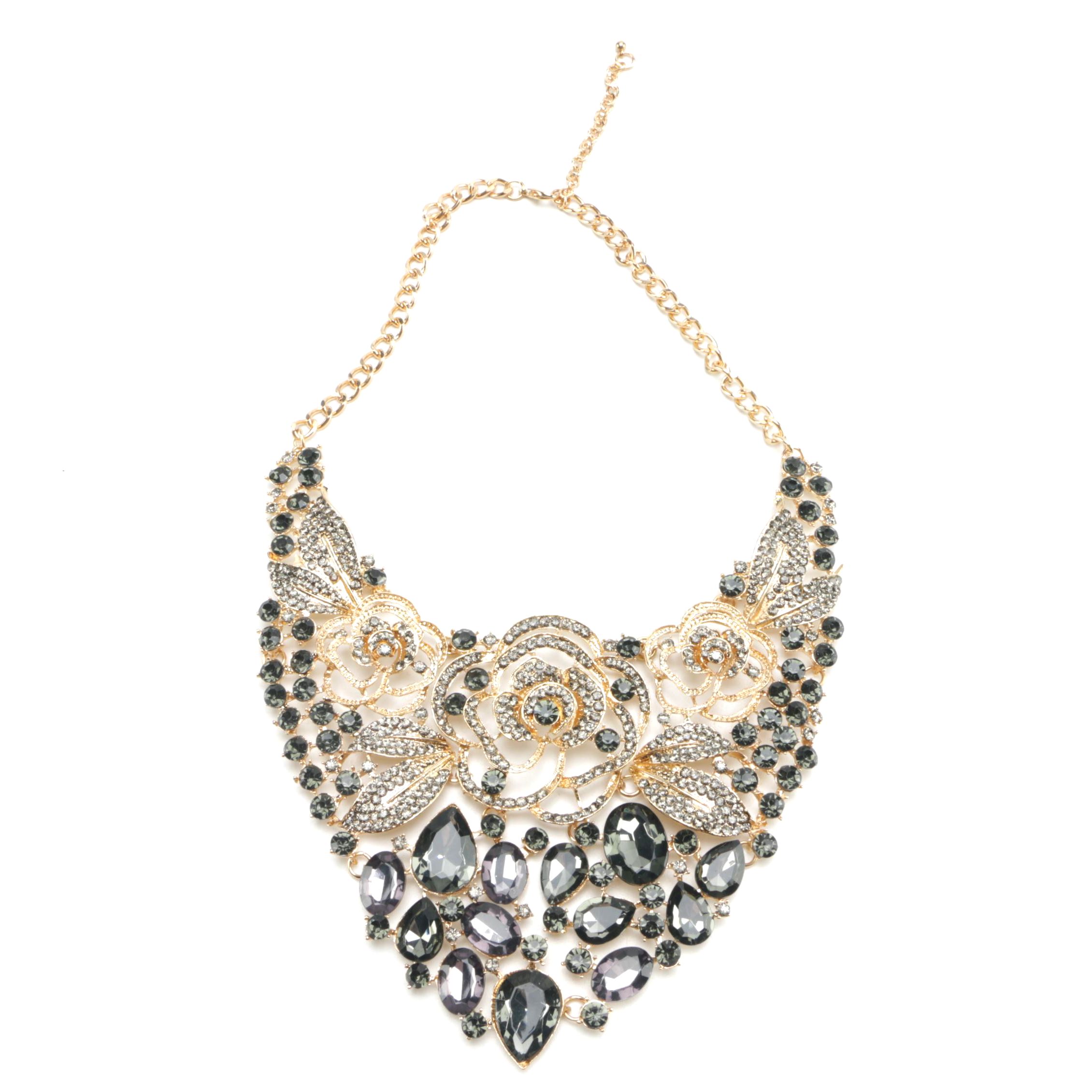 Gold Tone Statement Necklace With Rhinestones