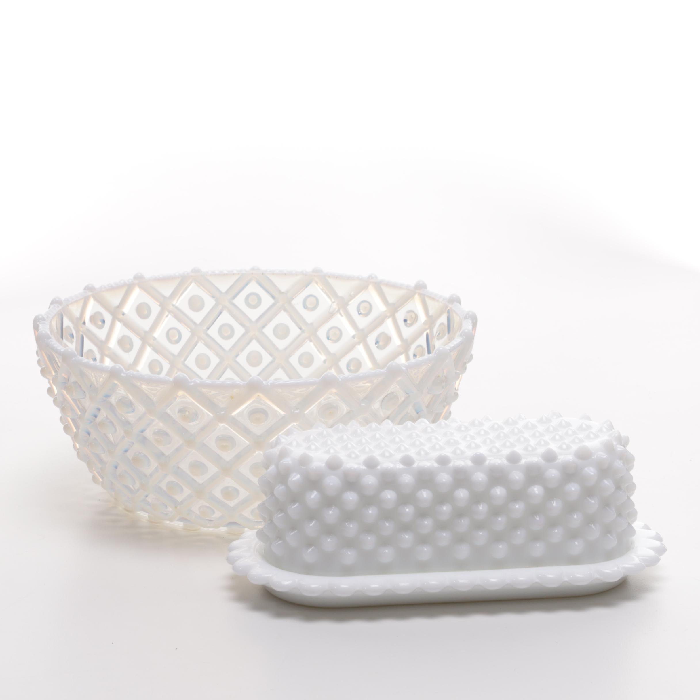 Hobnail Opalescent Pressed Glass Bowl and Milk Glass Butter Dish