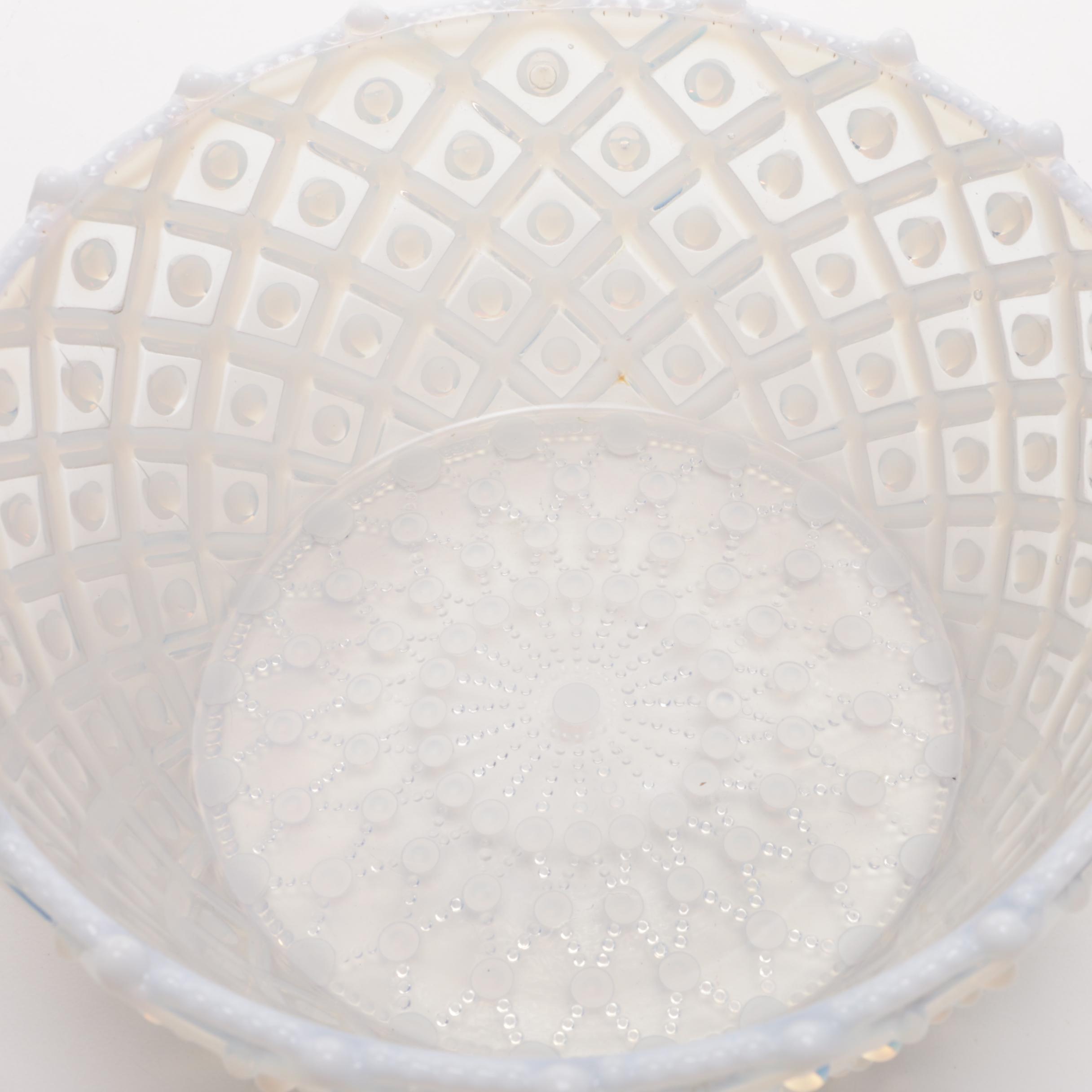 Hobnail Opalescent Pressed Glass Bowl and Milk Glass Butter Dish