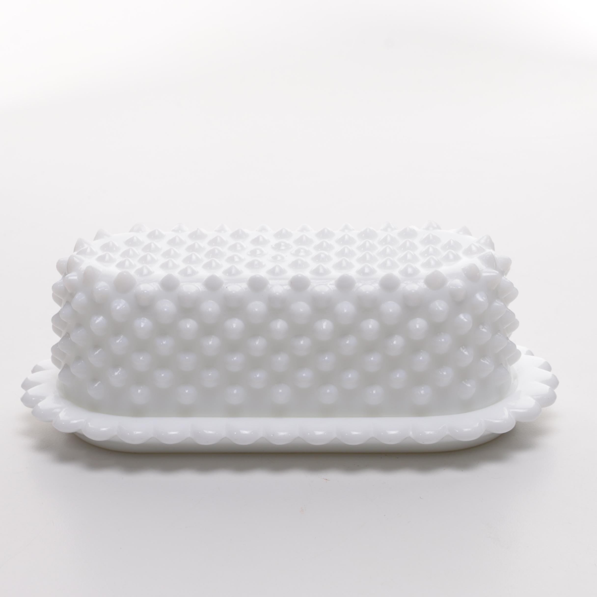 Hobnail Opalescent Pressed Glass Bowl and Milk Glass Butter Dish