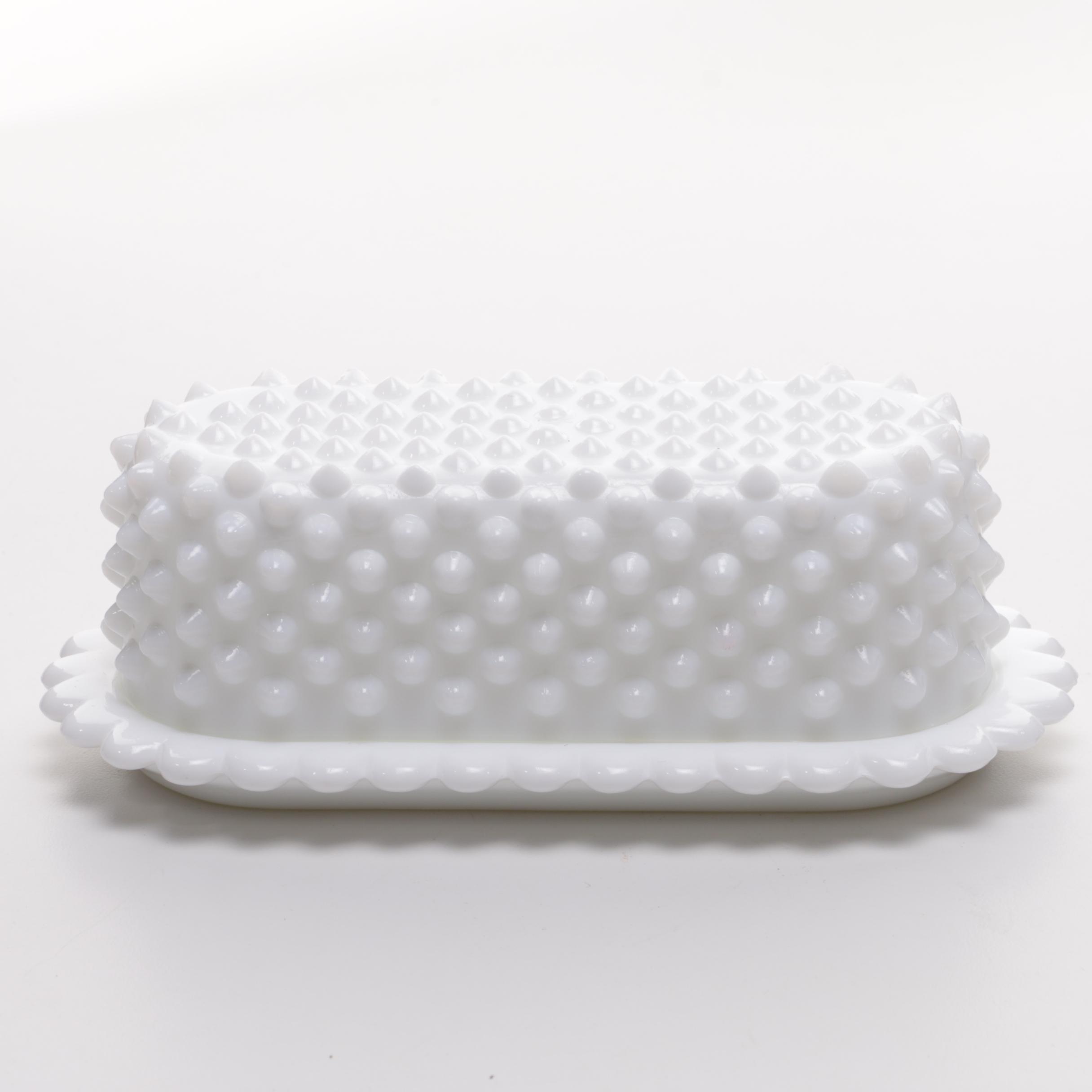 Hobnail Opalescent Pressed Glass Bowl and Milk Glass Butter Dish