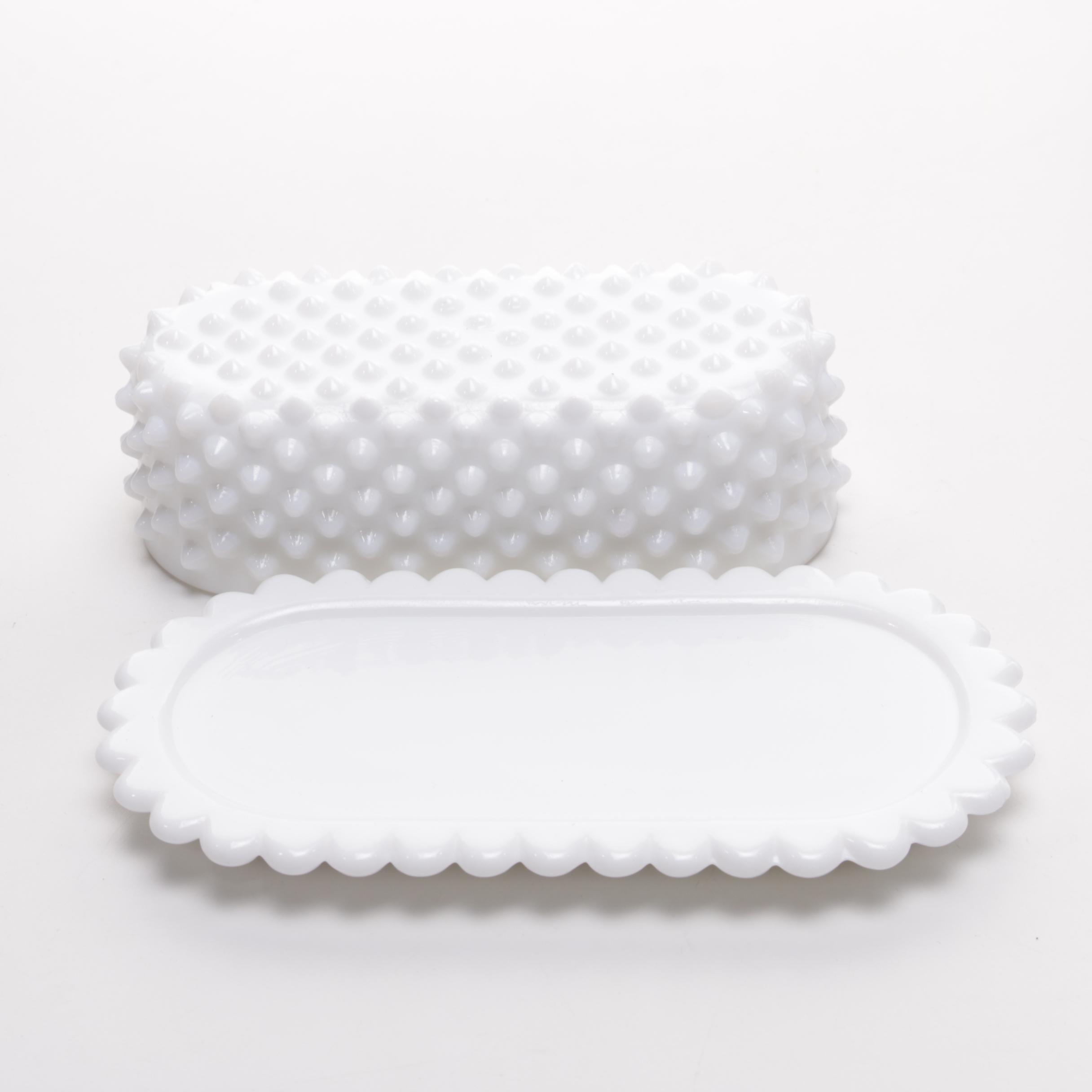 Hobnail Opalescent Pressed Glass Bowl and Milk Glass Butter Dish