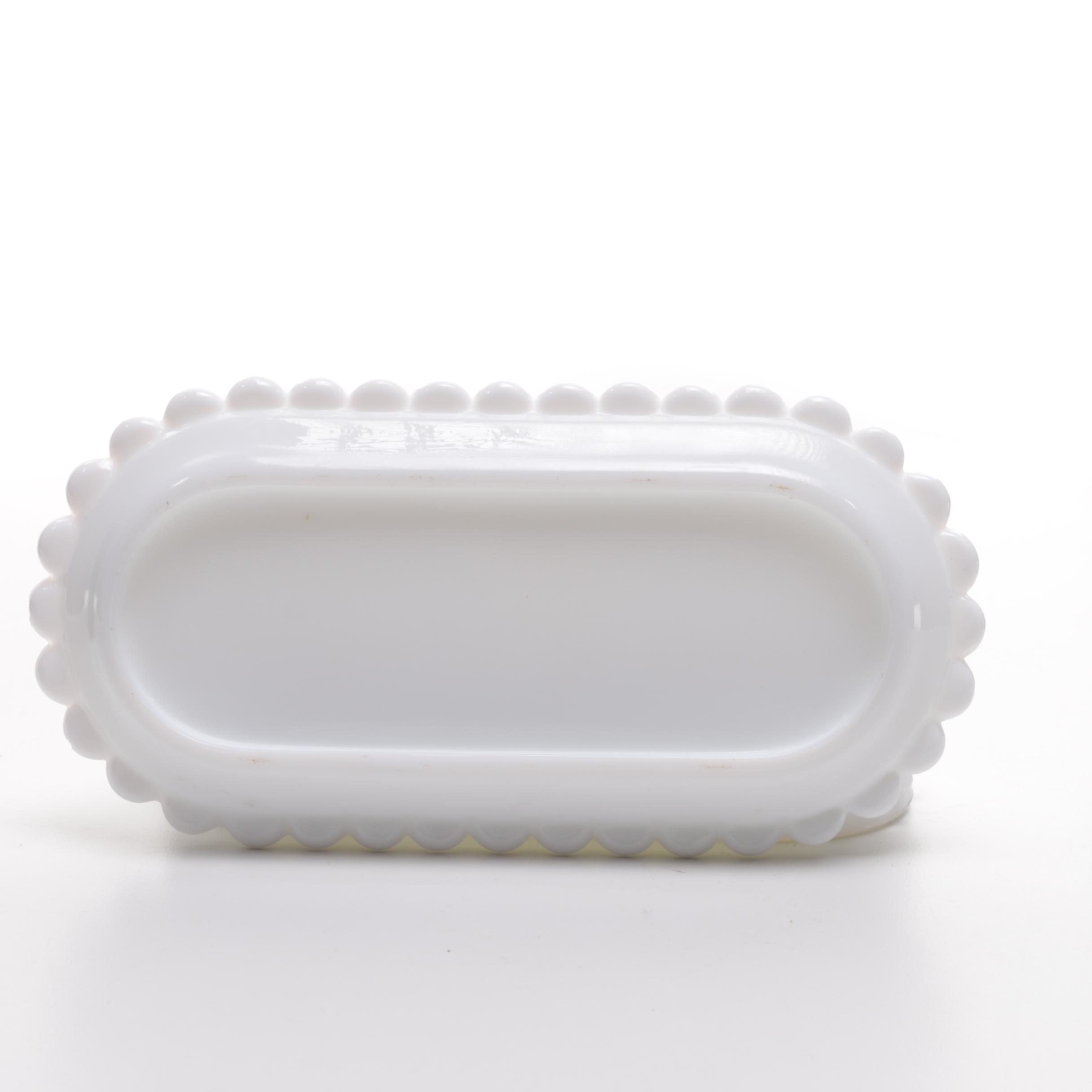 Hobnail Opalescent Pressed Glass Bowl and Milk Glass Butter Dish