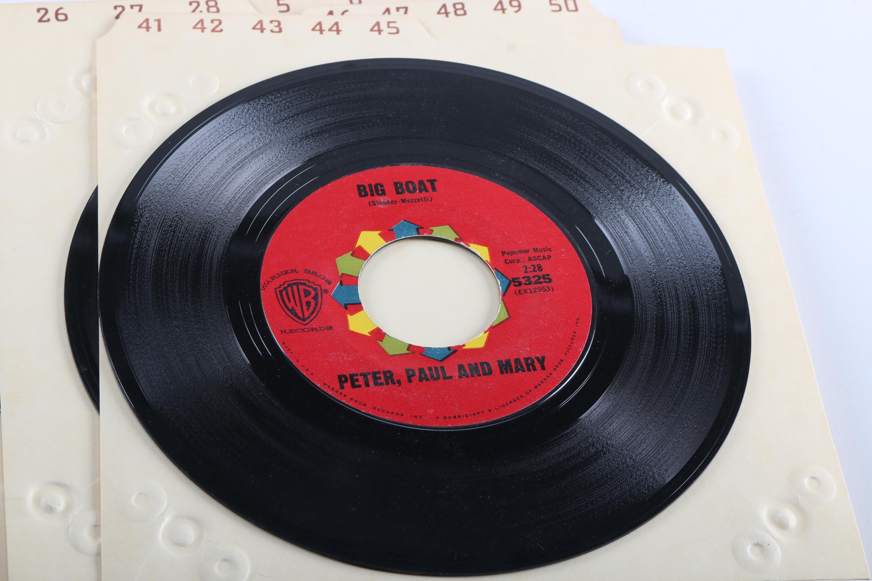 Vintage 45 RPM Cases and Records Including Elvis Presley, Folk, and Children's Songs