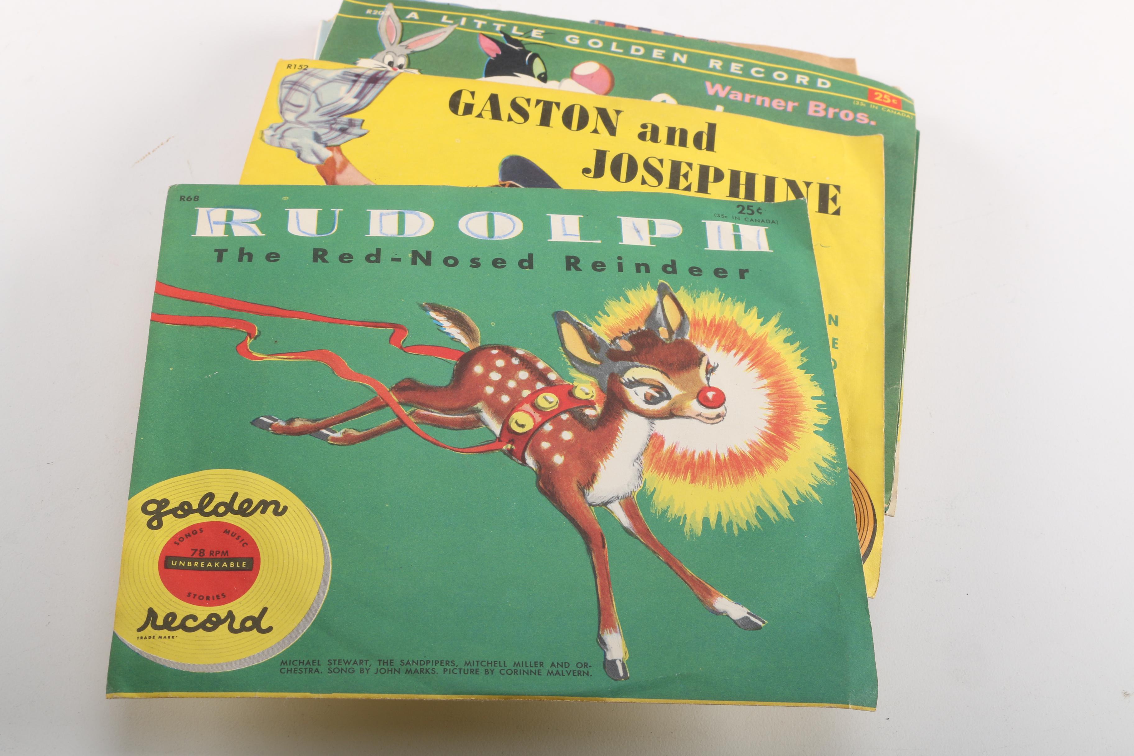 Vintage 45 RPM Cases and Records Including Elvis Presley, Folk, and Children's Songs