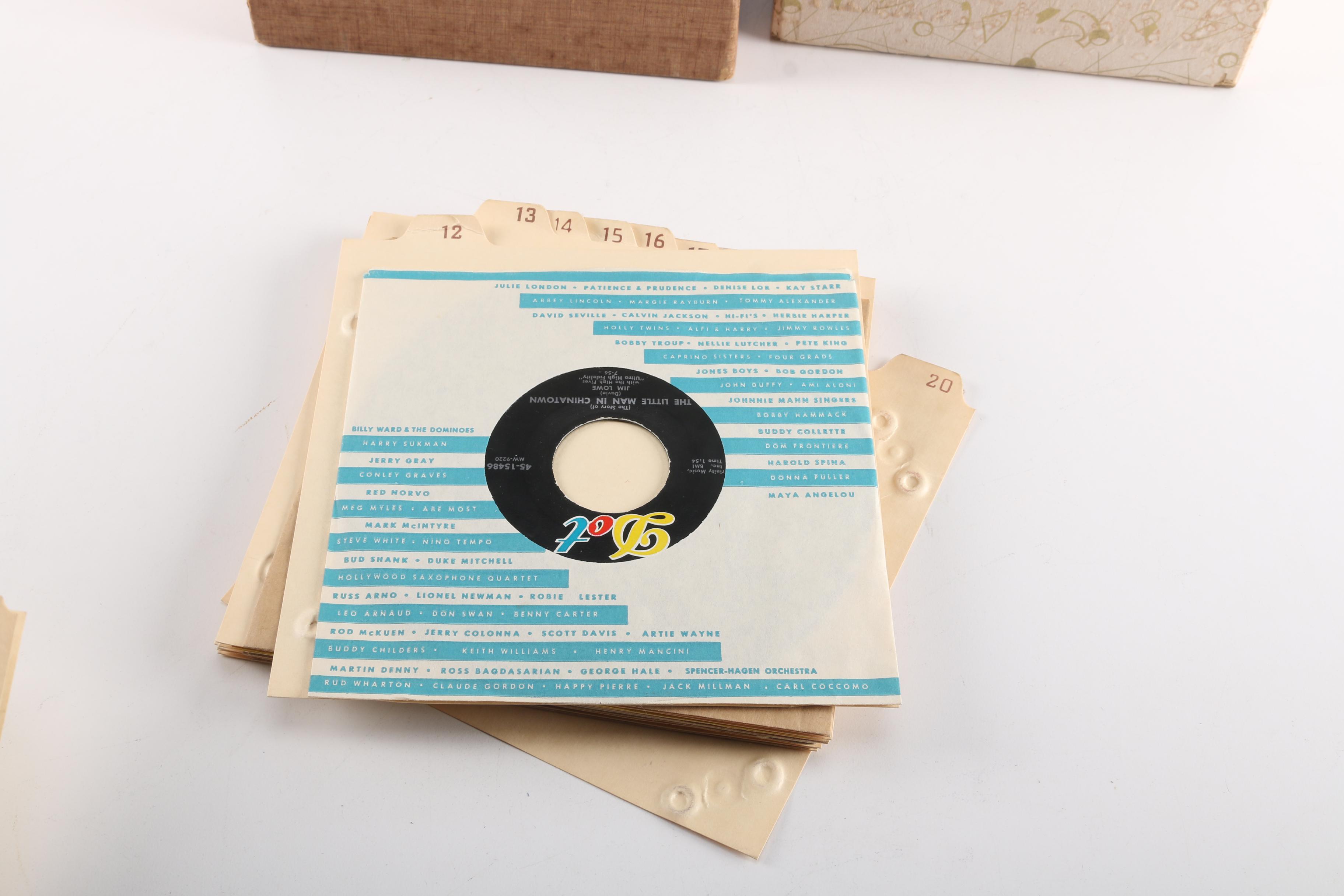 Vintage 45 RPM Cases and Records Including Elvis Presley, Folk, and Children's Songs