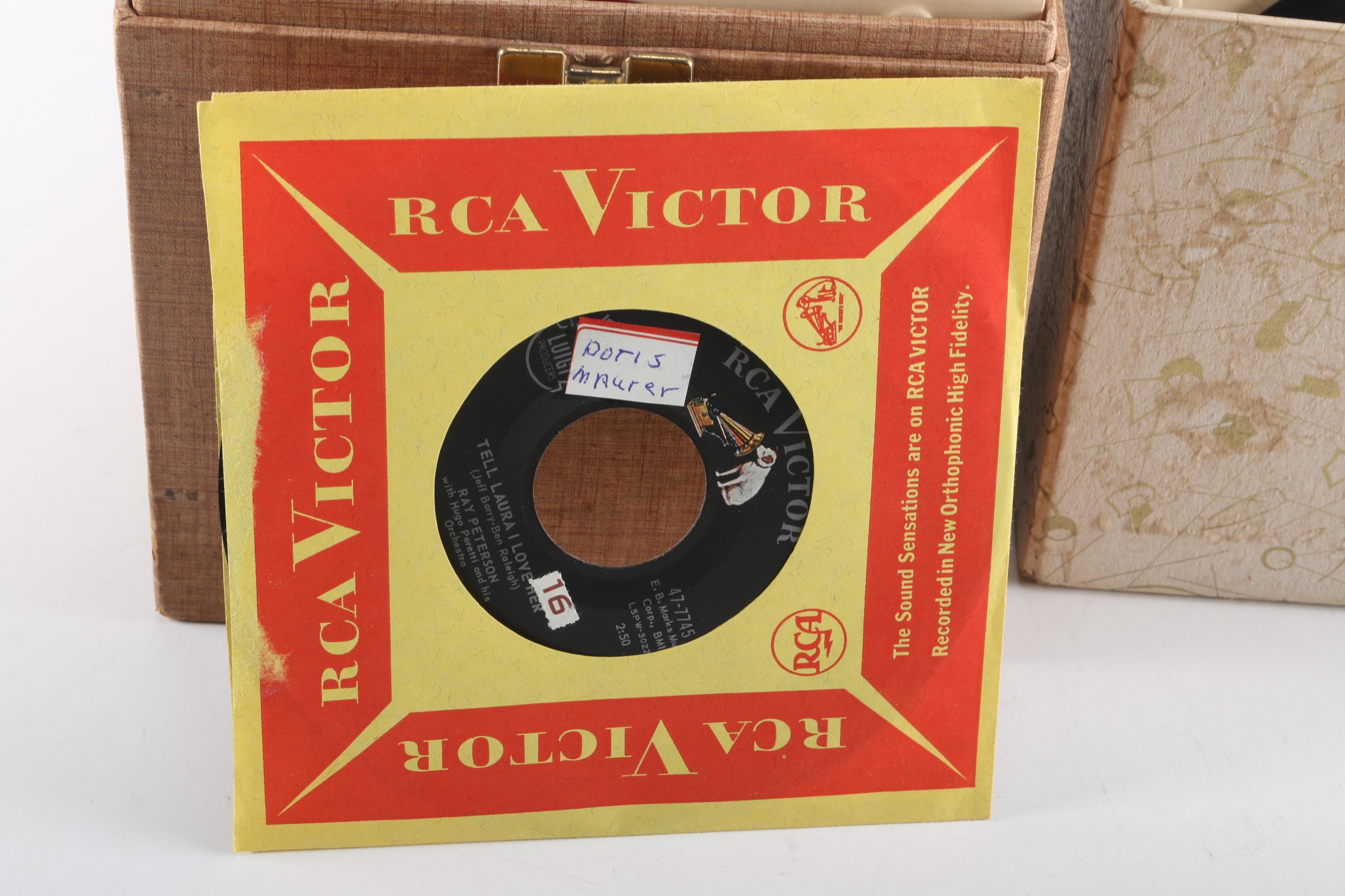 Vintage 45 RPM Cases and Records Including Elvis Presley, Folk, and Children's Songs