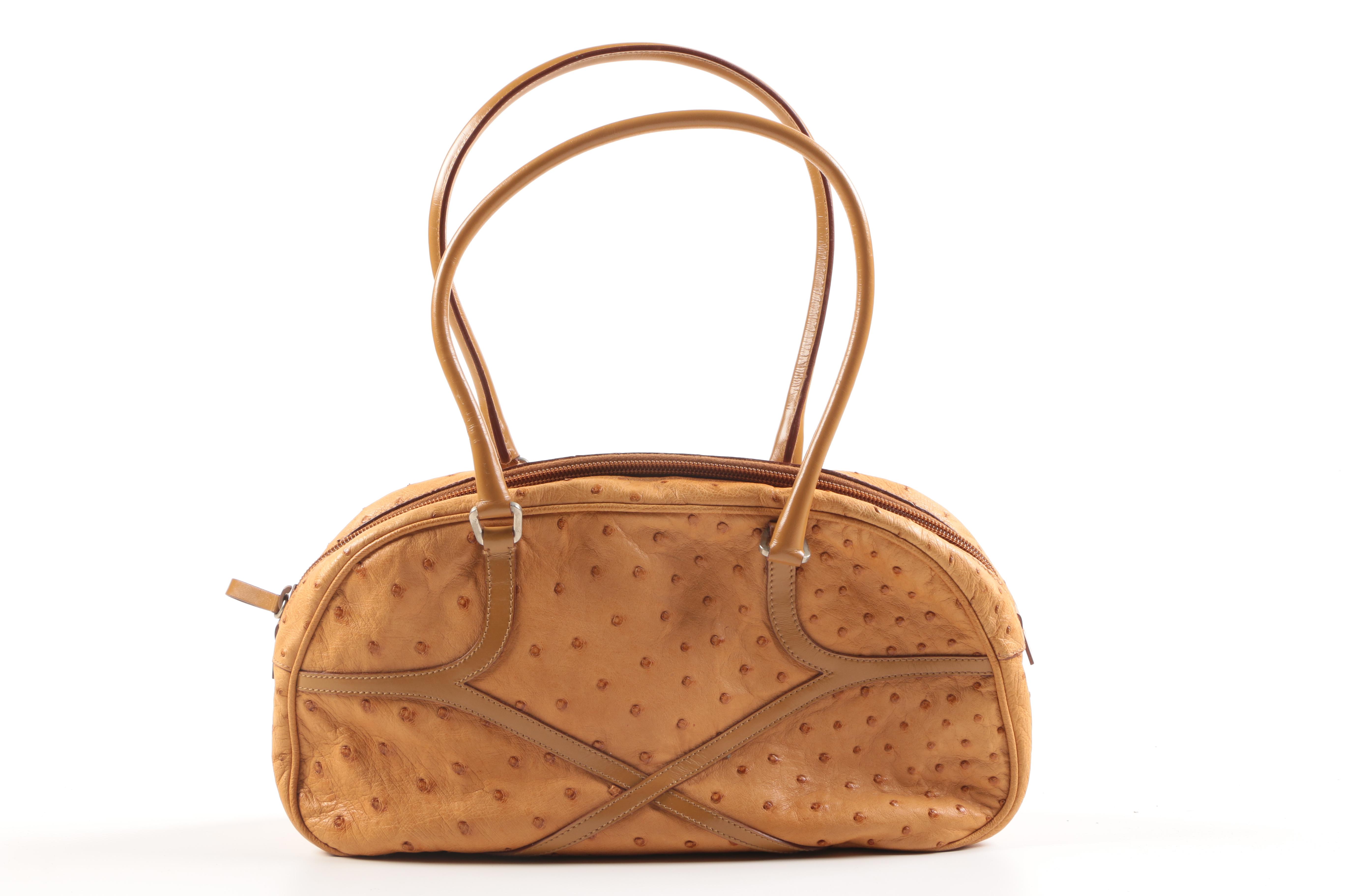 Prada Cognac Ostrich Leather Shoulder Bag