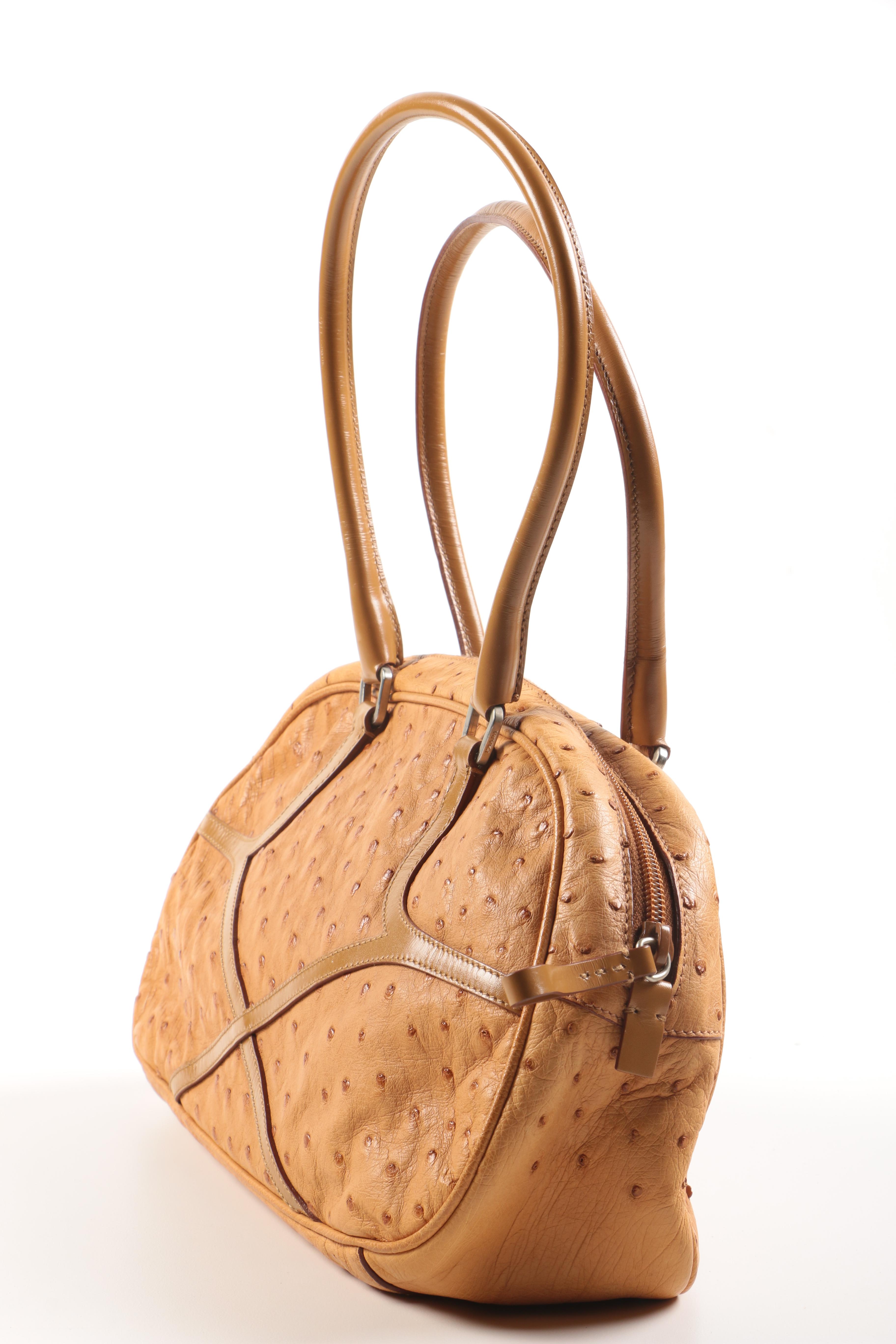 Prada Cognac Ostrich Leather Shoulder Bag