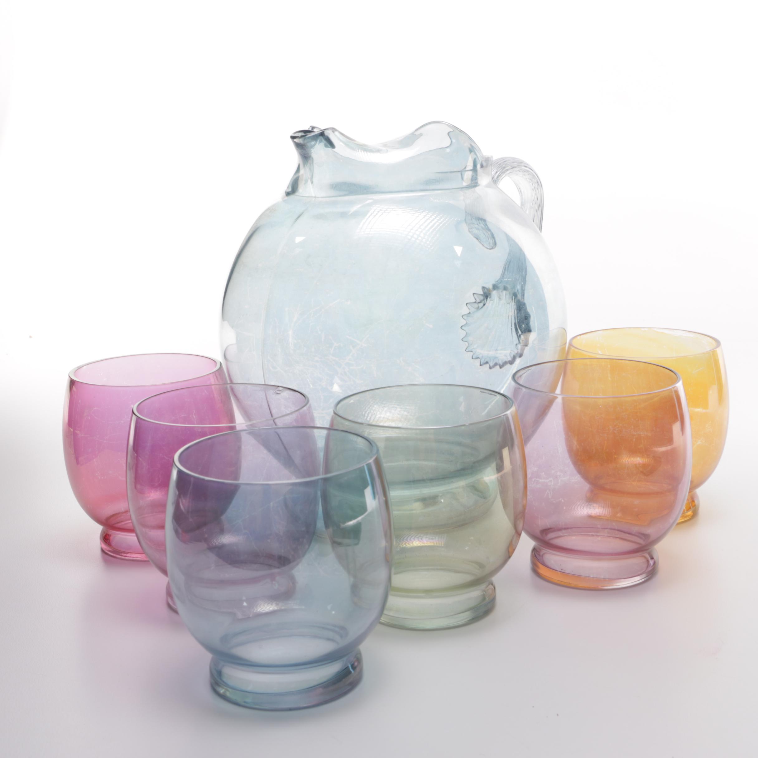 Colored Glass Pitcher and Matching Glasses