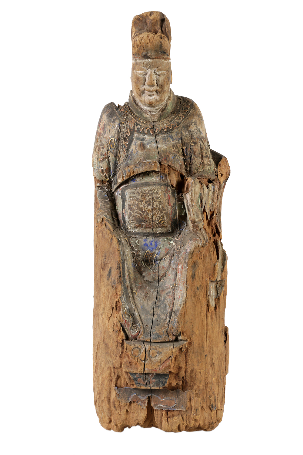Chinese Polychrome Carved Wood Court Official Temple Figure