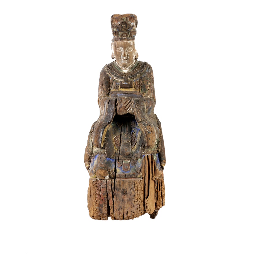 Chinese Polychrome Carved Wood Court Official Temple Figure