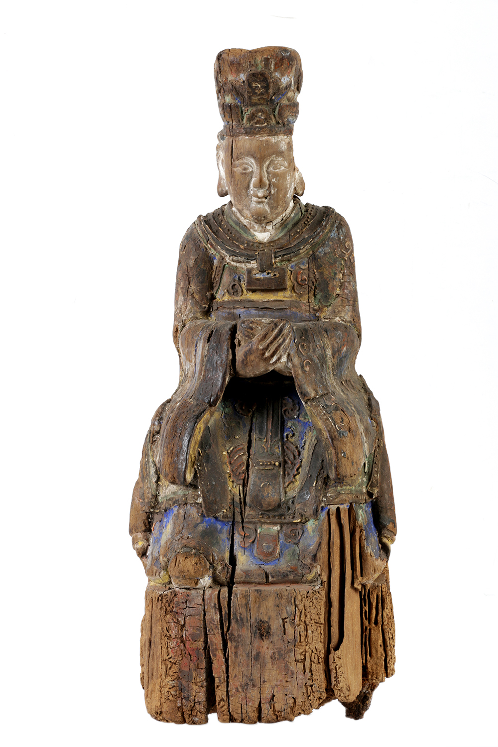 Chinese Polychrome Carved Wood Court Official Temple Figure