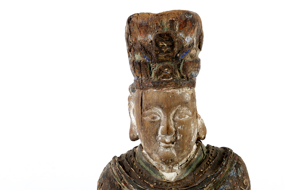 Chinese Polychrome Carved Wood Court Official Temple Figure