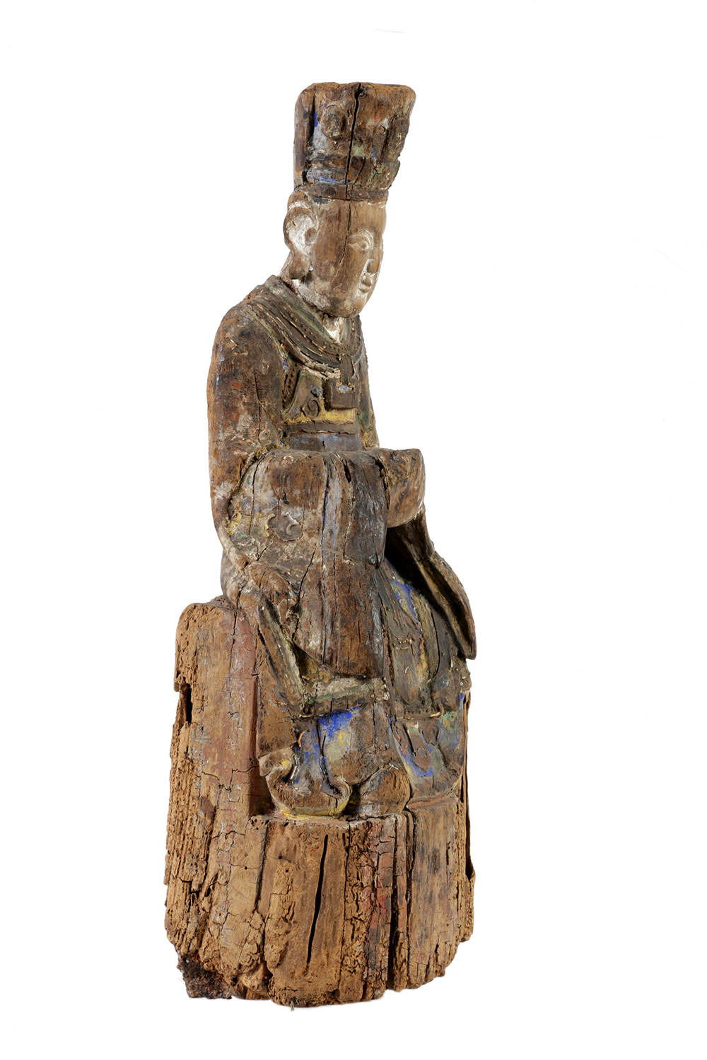 Chinese Polychrome Carved Wood Court Official Temple Figure