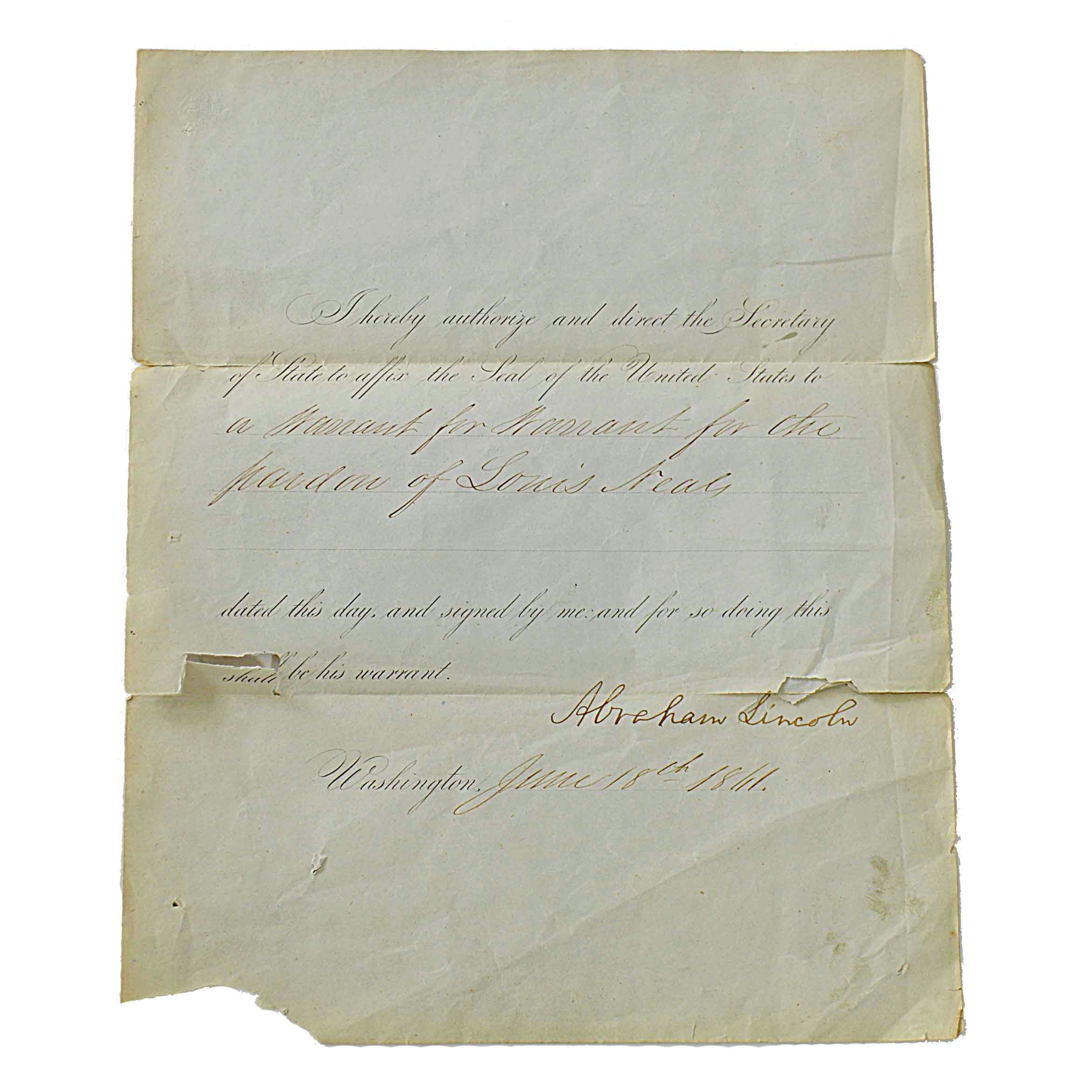 Original 1861 Abraham Lincoln Pardon of Louis Neals