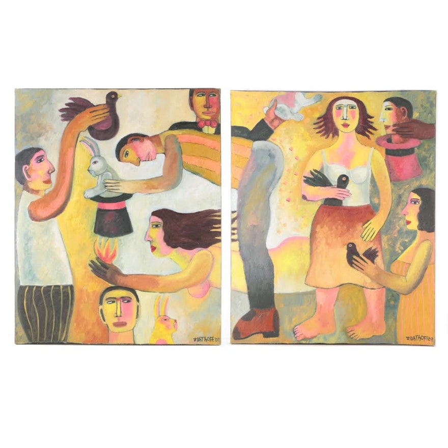 Victor Uhthoff Diptych Oil Paintings on Canvas of Magician Scene