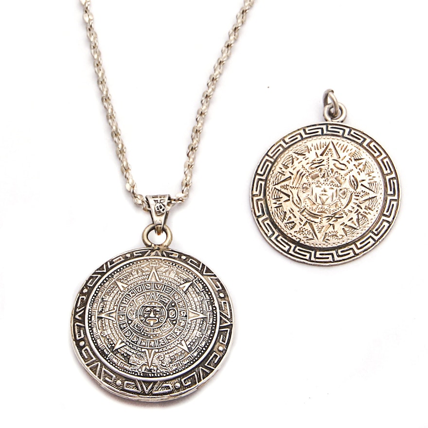 Sterling Silver Necklace with Pair of Mayan Sun Calendar Pendants