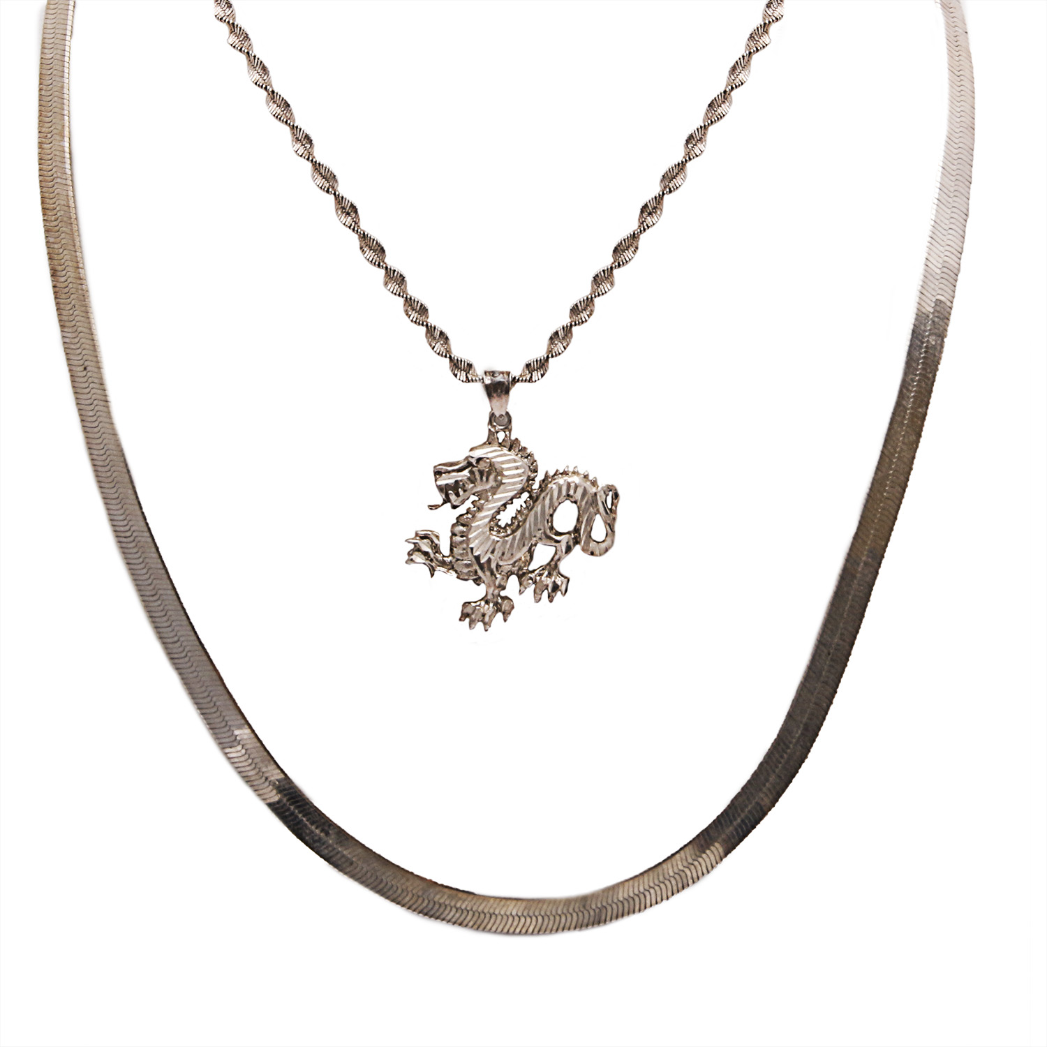 Herringbone and Dragon Sterling Silver Necklaces