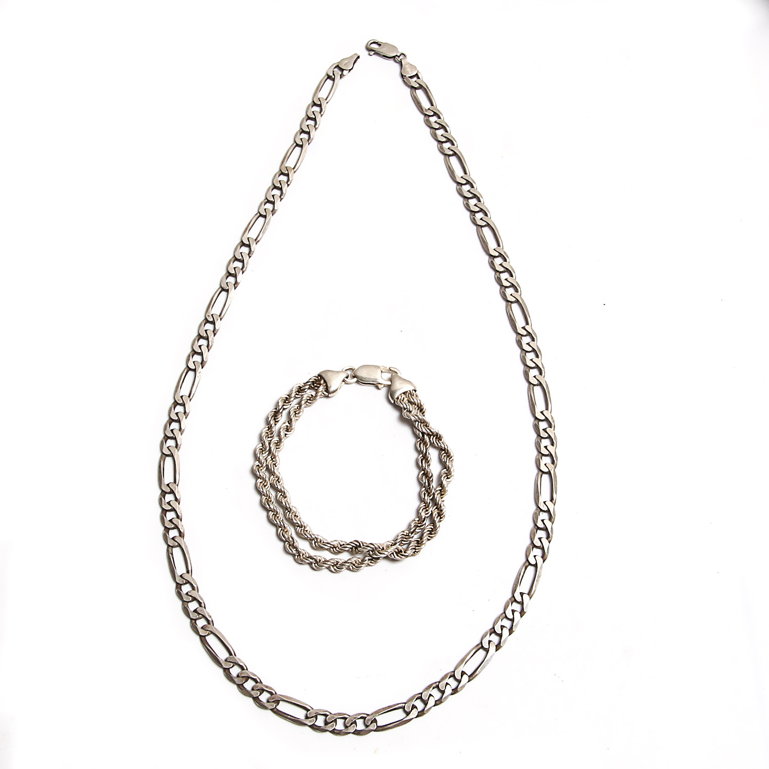 Sterling Double Rope Chain Bracelet with Figaro Chain Necklace