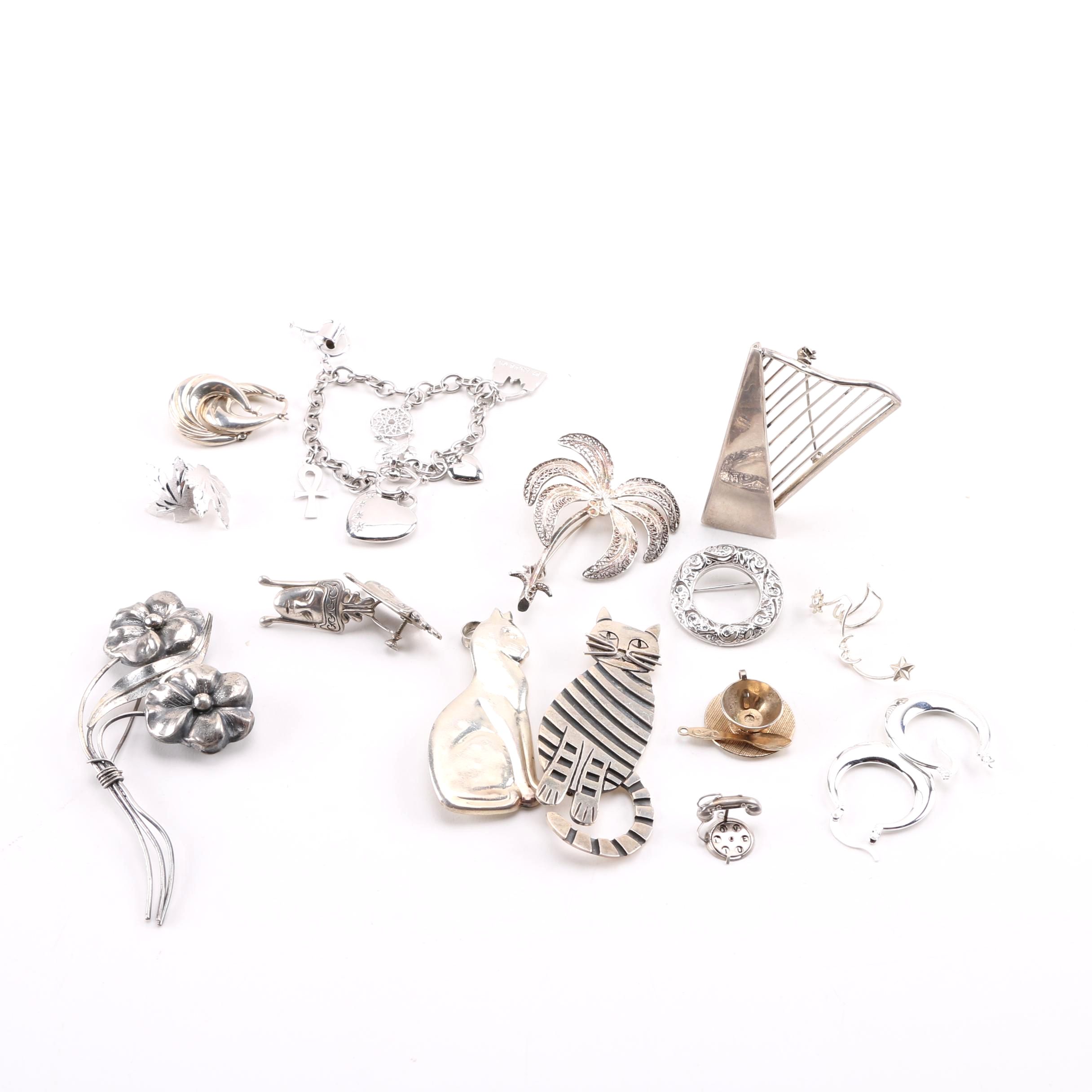 Sterling Silver Brooches, Earrings and Charm Bracelet