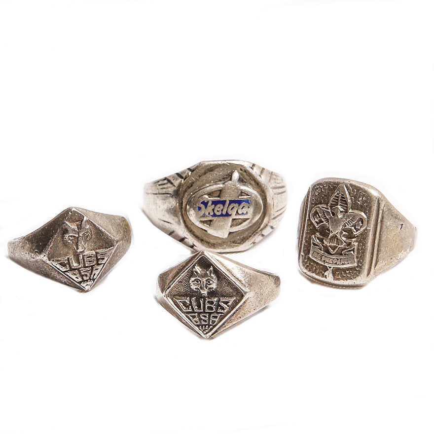 Three Sterling Boy Scout Rings with Skelgas Advertisement Ring