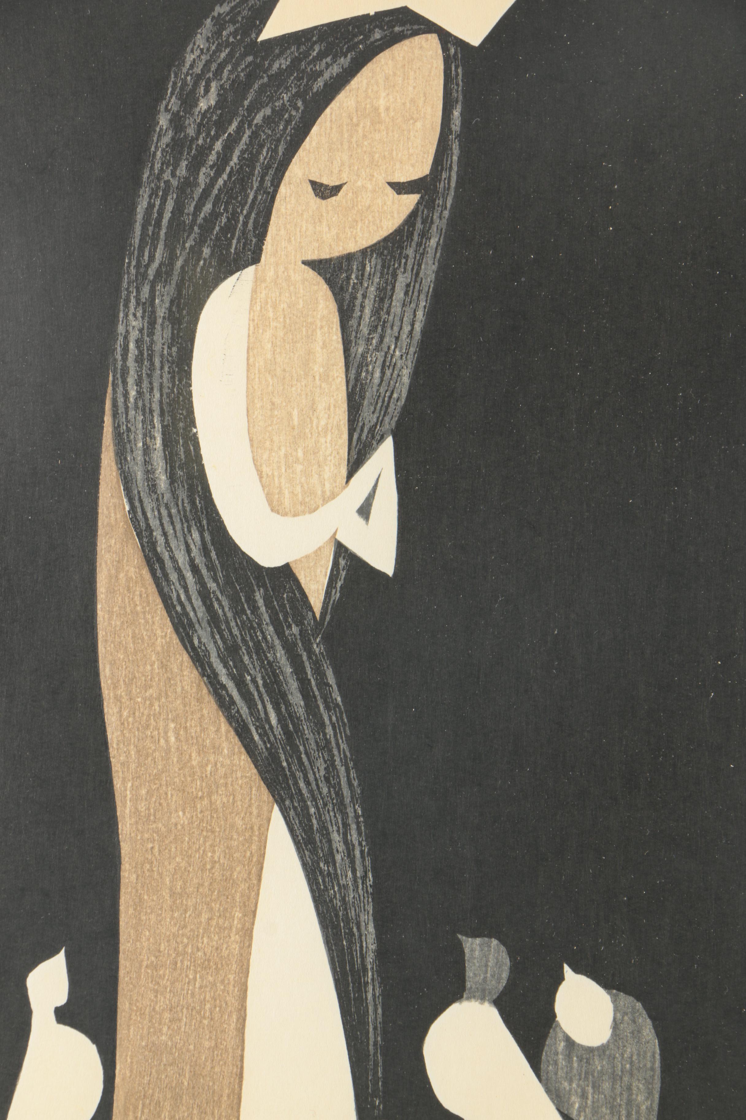1950s Kaoru Kawano Woodblock "Doves And Girl"