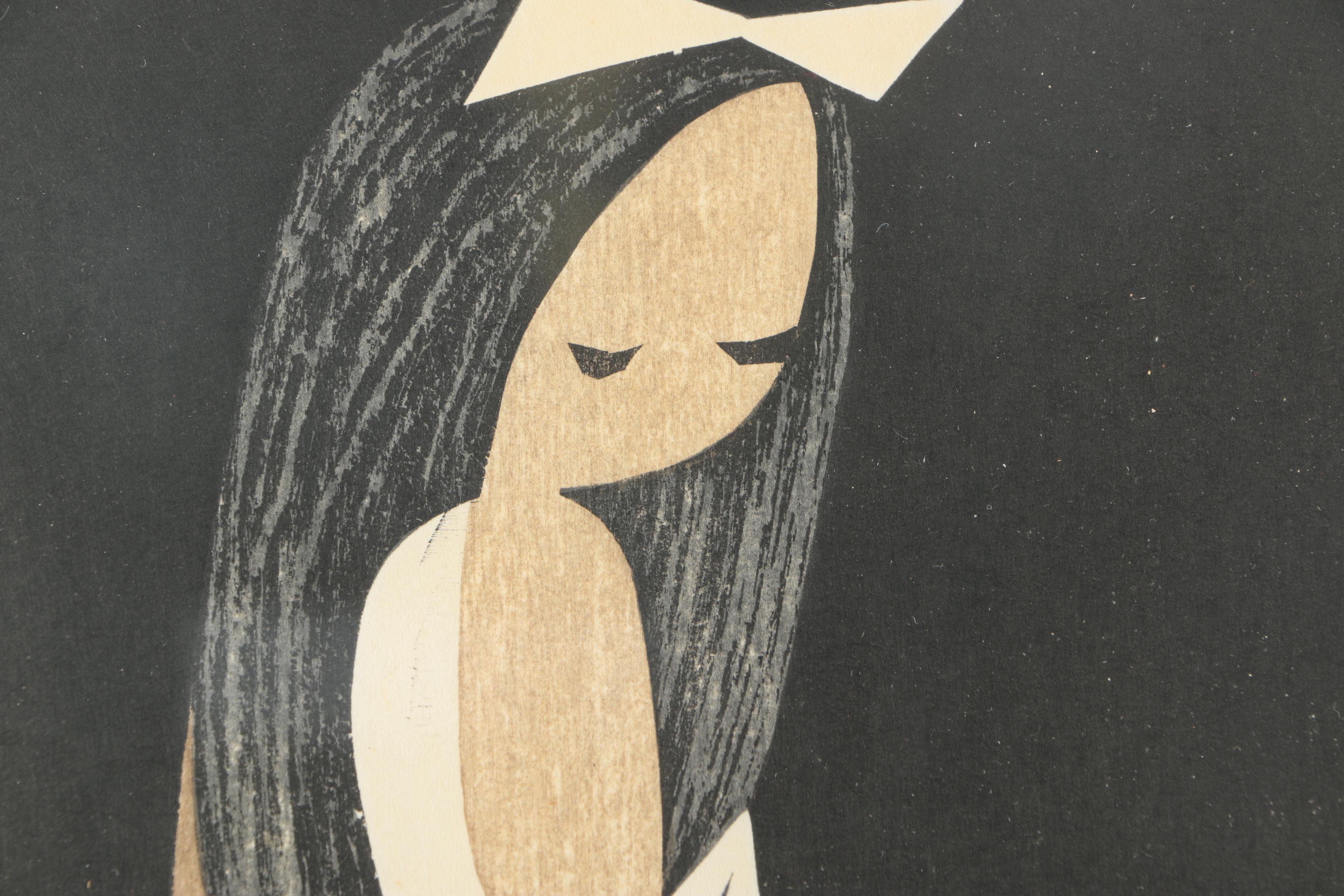 1950s Kaoru Kawano Woodblock "Doves And Girl"