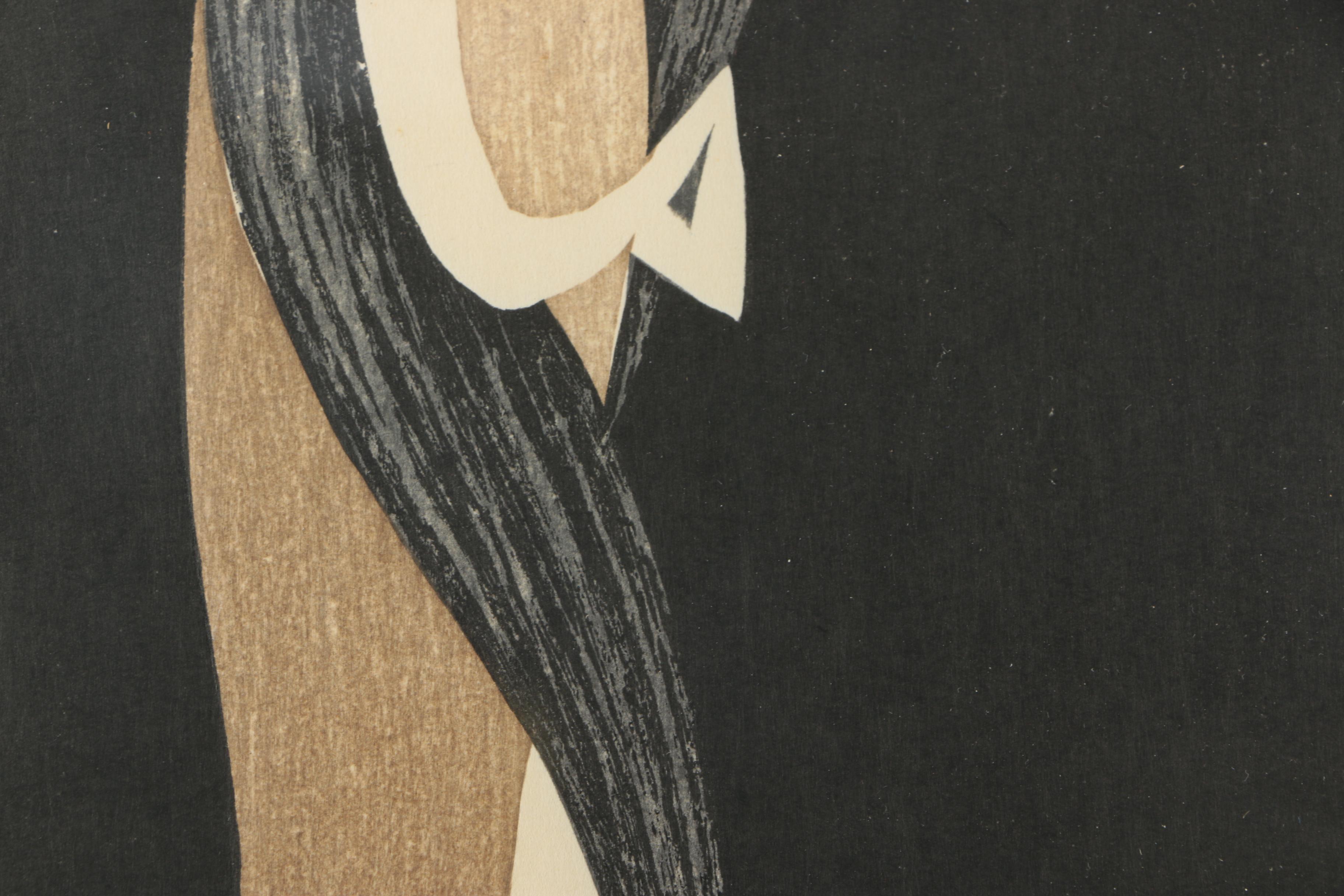 1950s Kaoru Kawano Woodblock "Doves And Girl"