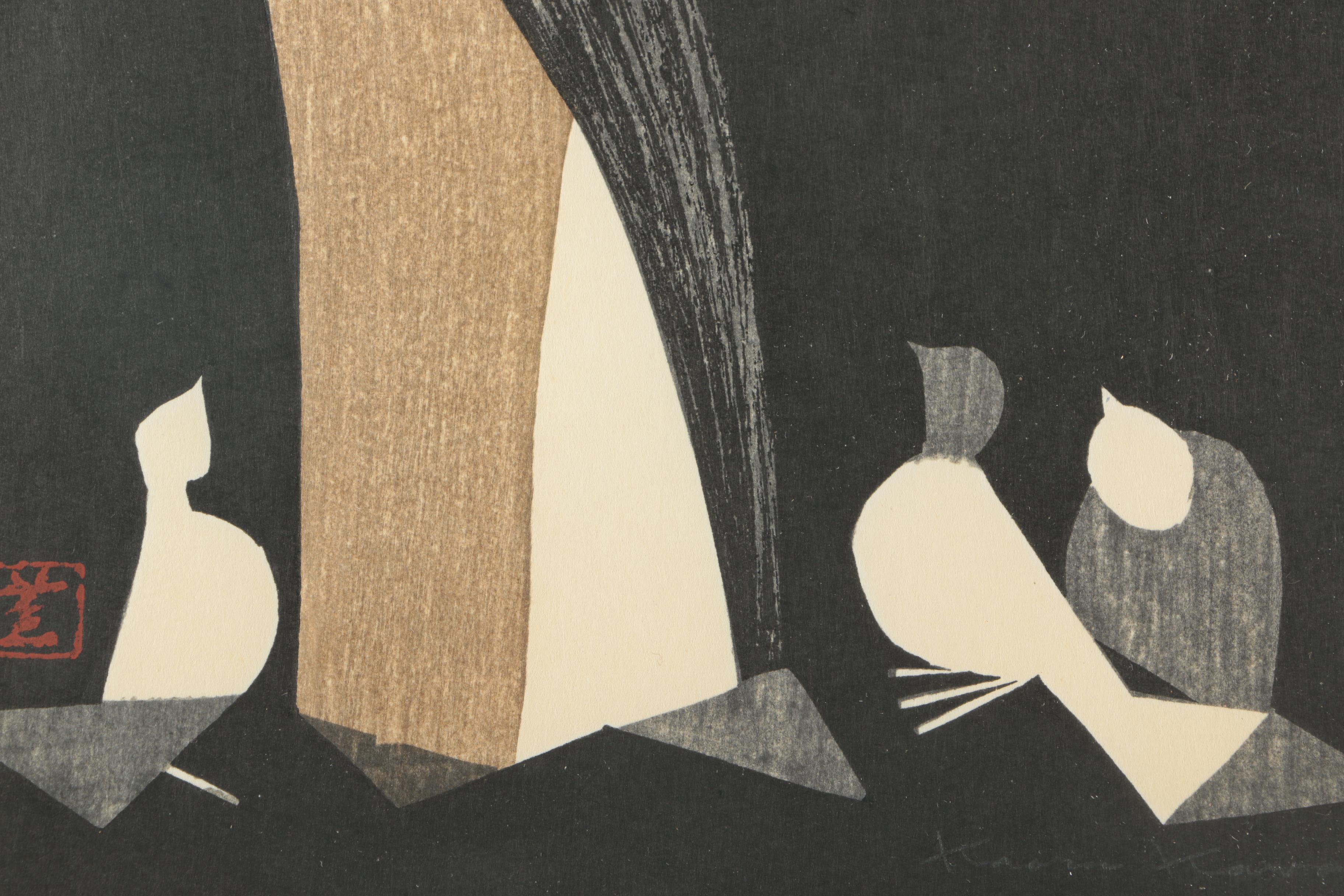1950s Kaoru Kawano Woodblock "Doves And Girl"