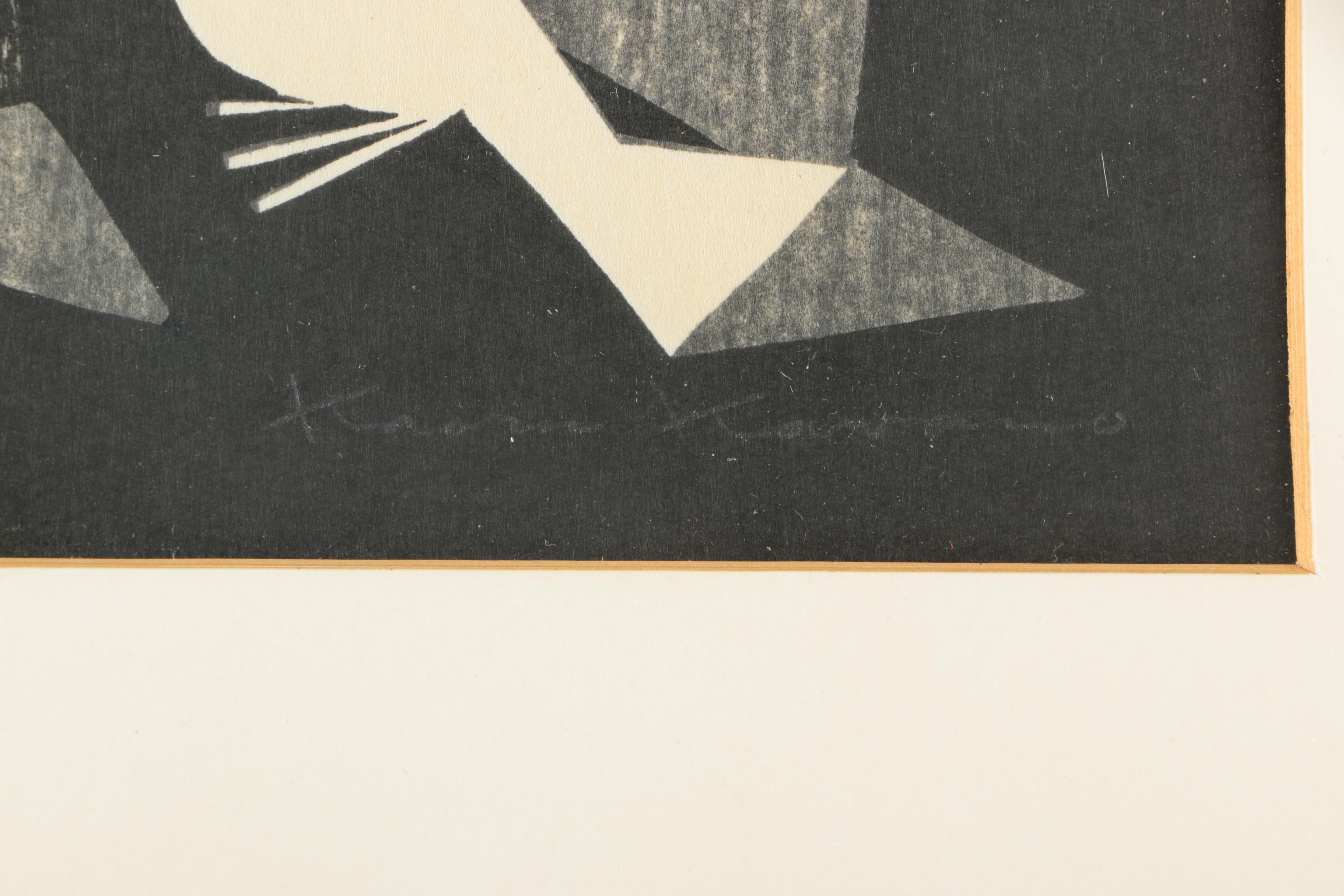 1950s Kaoru Kawano Woodblock "Doves And Girl"