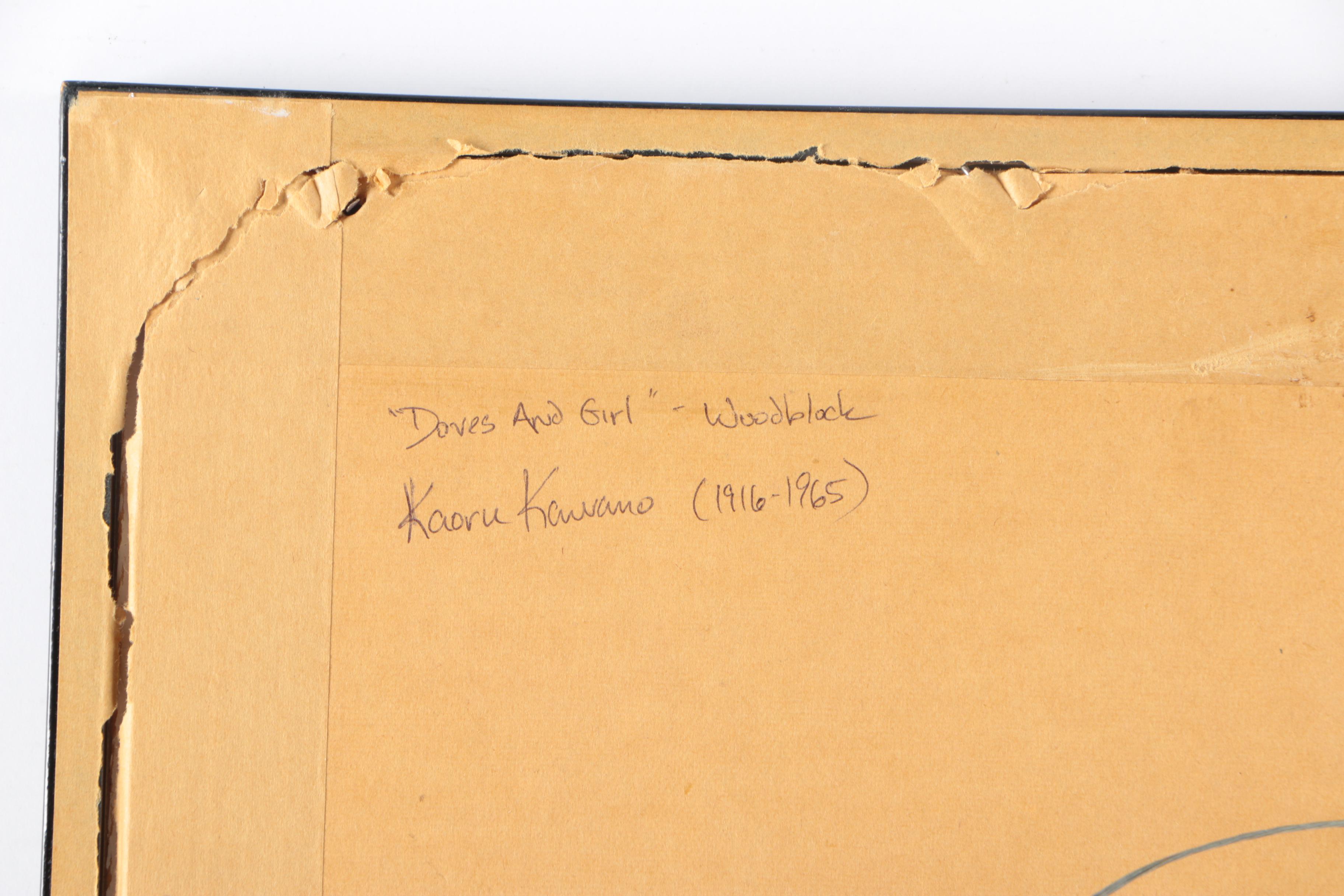 1950s Kaoru Kawano Woodblock "Doves And Girl"