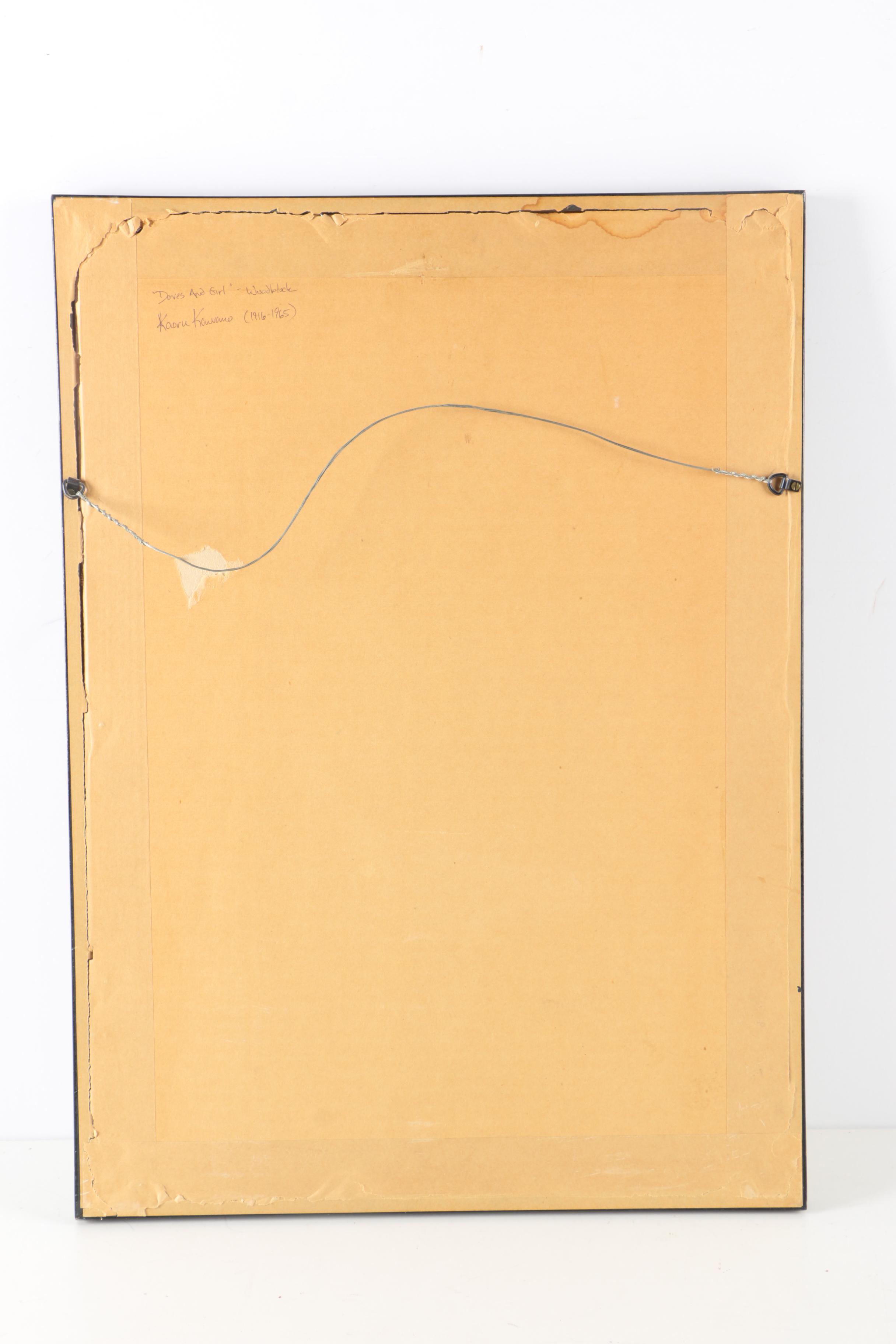 1950s Kaoru Kawano Woodblock "Doves And Girl"