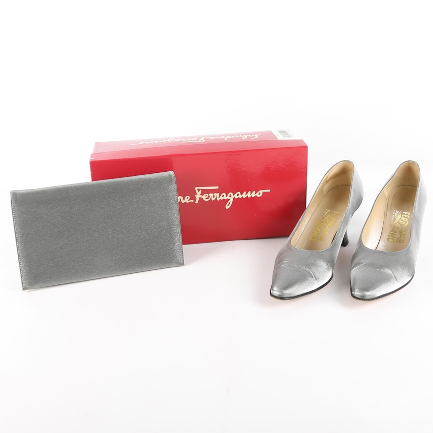 Salvatore Ferragamo Metallic Heels with Matching Clutch