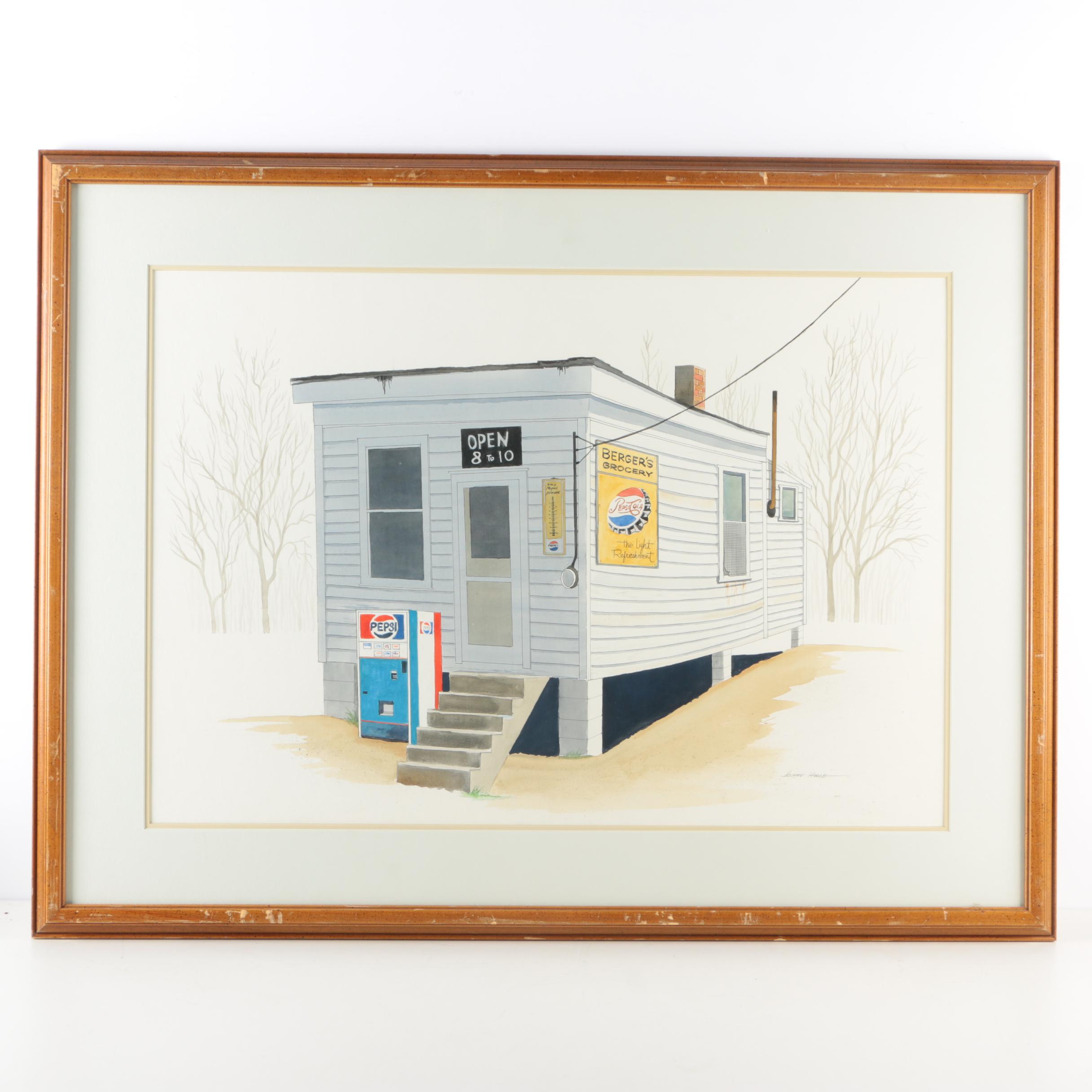 John Hale Ink and Watercolor of Berger's Grocery