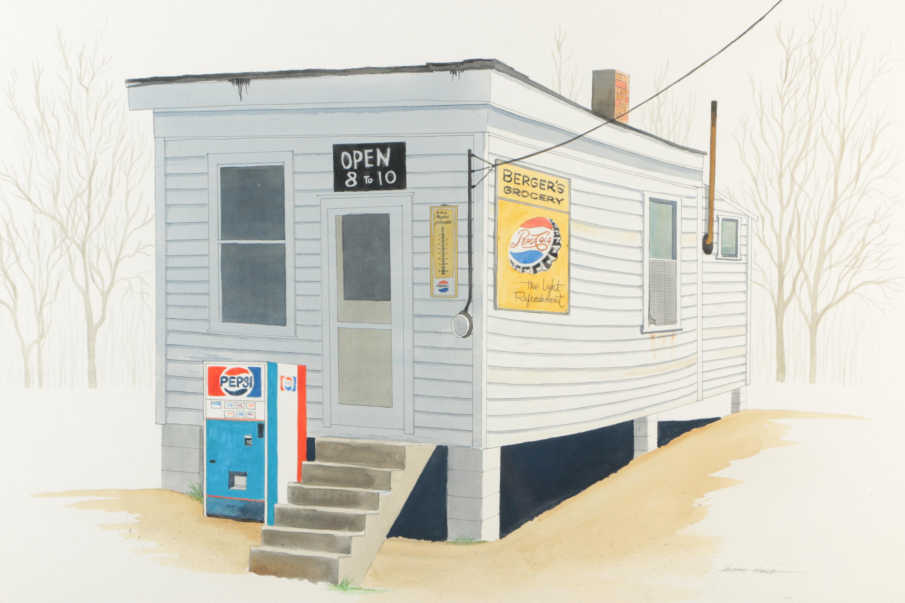 John Hale Ink and Watercolor of Berger's Grocery