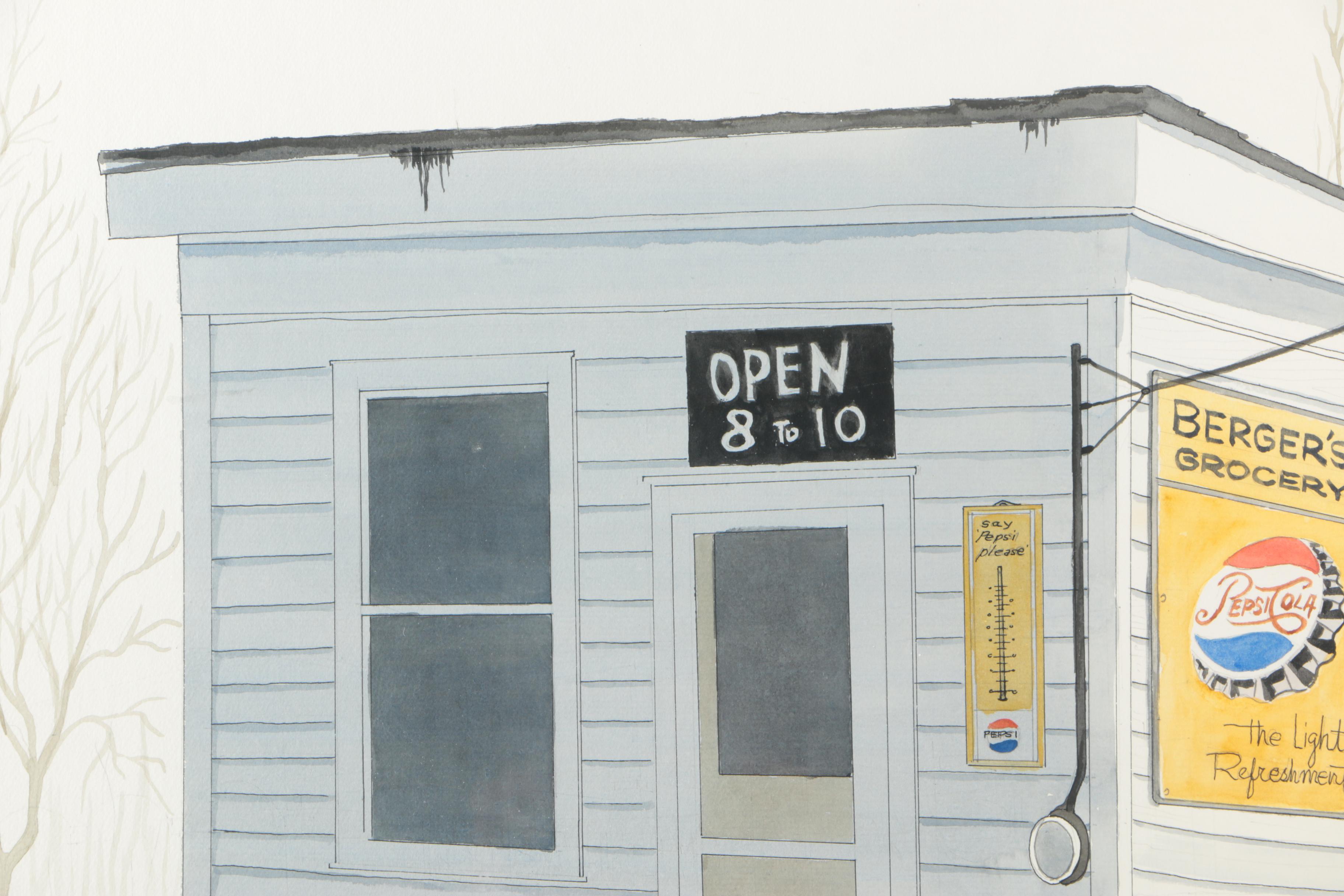 John Hale Ink and Watercolor of Berger's Grocery