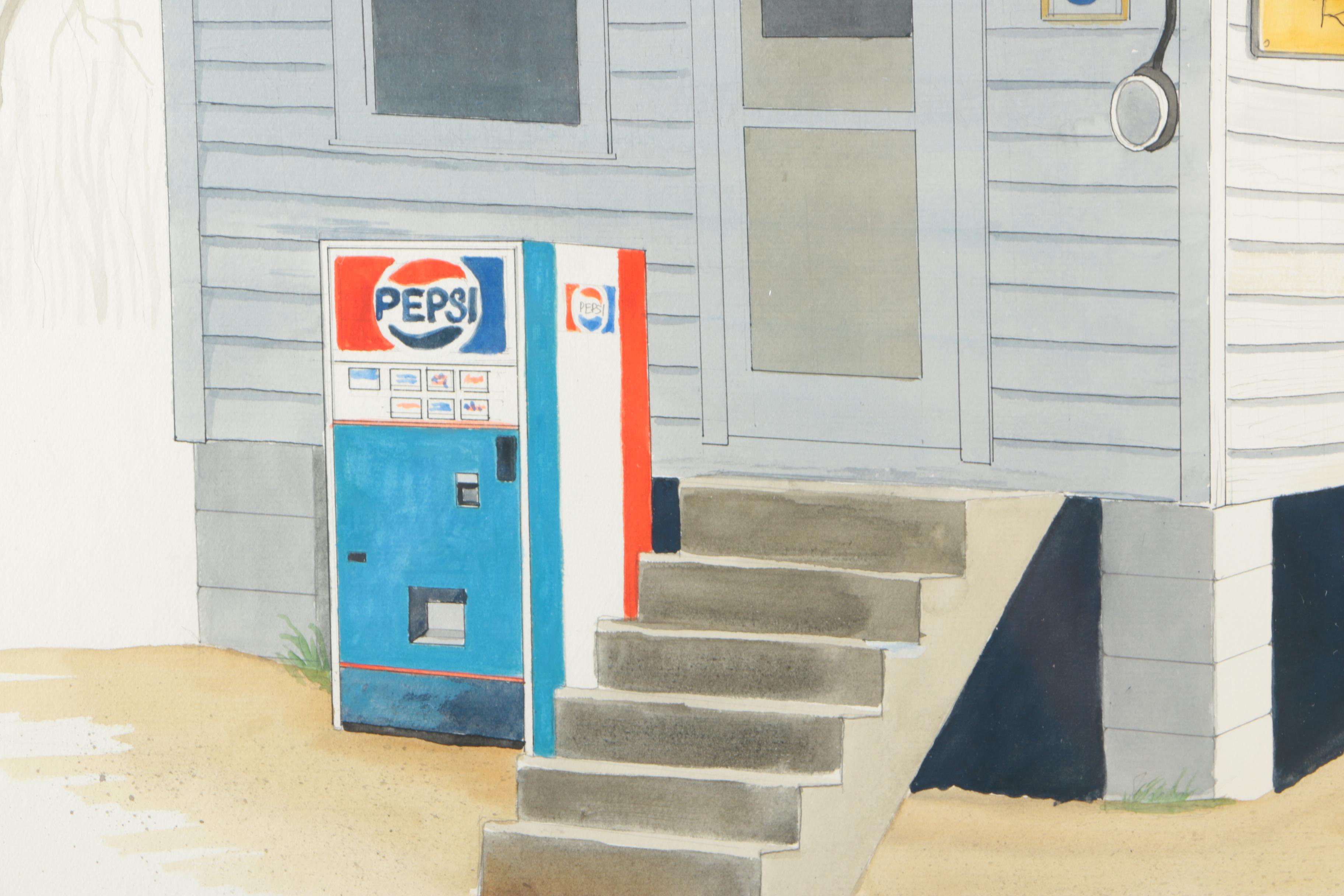 John Hale Ink and Watercolor of Berger's Grocery