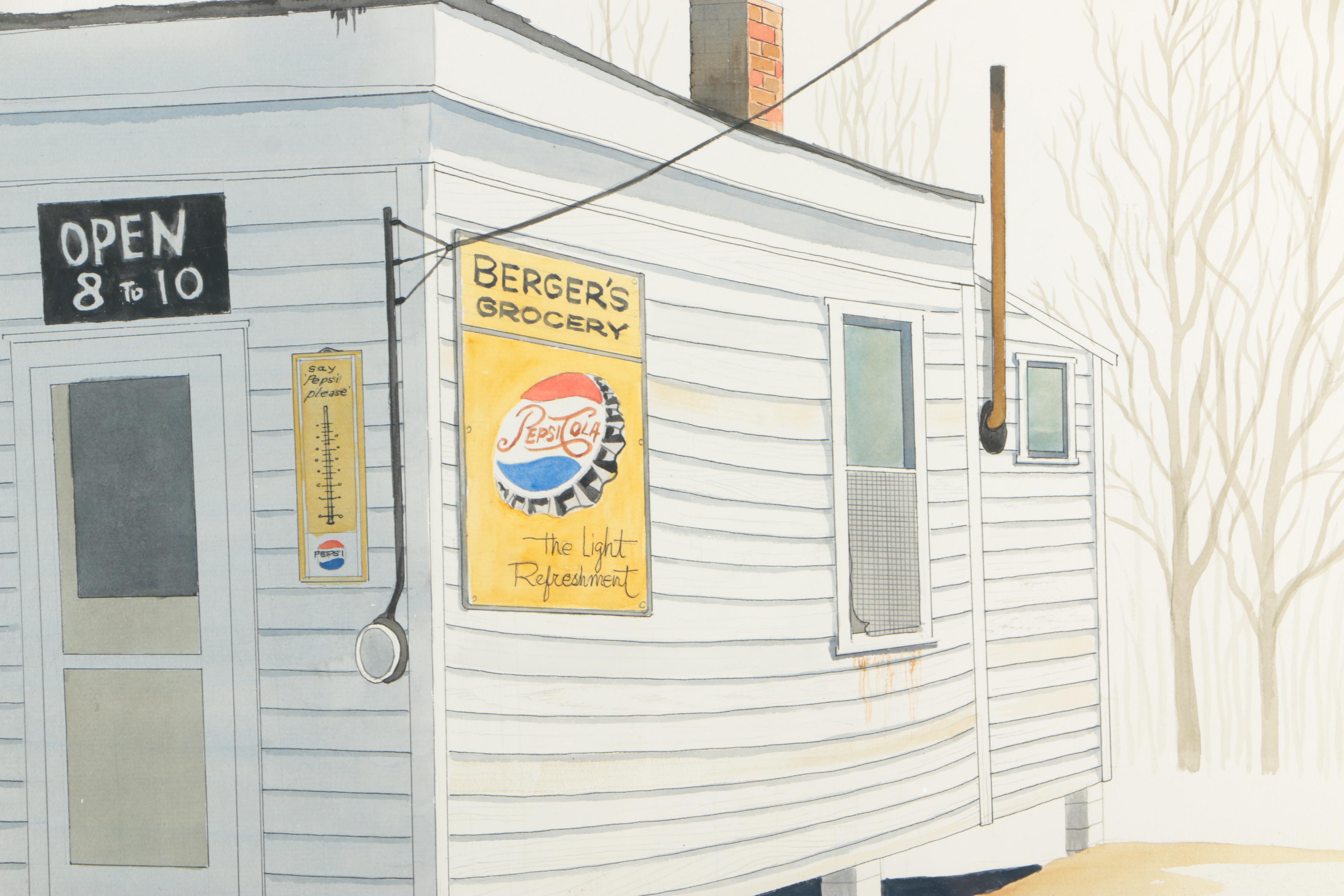 John Hale Ink and Watercolor of Berger's Grocery